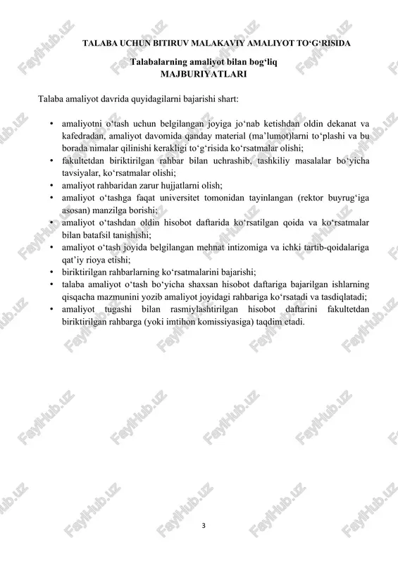 miz davlat universiteti rektorining __________sonli buyruq 2024-yil ______________________________________________________________________ fakultet dekani: __________ m.po‘latov m.o‘ talaba________________________________________________________________ 2024-yil ”____”______________________________________________ga (amaliyot o‘tash joyi nomi) amaliyot o‘tash uchun keldi. u_________________________________ ga biriktirildi. amaliyot o‘tagan tashkilot nomi va rahbari __________________________________ m.o‘ amaliyotga yuborilgan tashkilot va bitiruv malakaviy amaliyot rahbarlari to‘g‘risida umumiy ma’lumot amaliyotga yuborilgan tashkilot ________________________________________ manzili____________________________________________________________ amaliyot o‘tagan tashkilot rahbar _____________________________________ amaliyot o‘taydigan sohasi ___________________________________________ amaliyot o‘tagan tashkilotda biriktirilgan mas’ul _________________________ kafedra bo‘yicha bitiruv malakaviy amaliyot rahbari __________________________________________________________________ talaba-amaliyotchining bitiruv malakaviy amaliyot bo‘yicha ish rejasi sana amaliyot davrida bajarilgan ishlar haqida qisqacha ma’lumot bajarilgani haqida qaydlar sana amaliyot davrida bajarilgan ishlar haqida qisqacha ma’lumot bajarilgani haqida qaydlar sana amaliyot davrida bajarilgan ishlar haqida qisqacha ma’lumot bajarilgani haqida qaydlar sana amaliyot davrida bajarilgan ishlar haqida qisqacha ma’lumot bajarilgani haqida qaydlar sana amaliyot davrida bajarilgan ishlar haqida qisqacha ma’lumot bajarilgani haqida qaydlar sana amaliyot davrida bajarilgan ishlar haqida qisqacha ma’lumot bajarilgani haqida qaydlar sana amaliyot davrida bajarilgan …