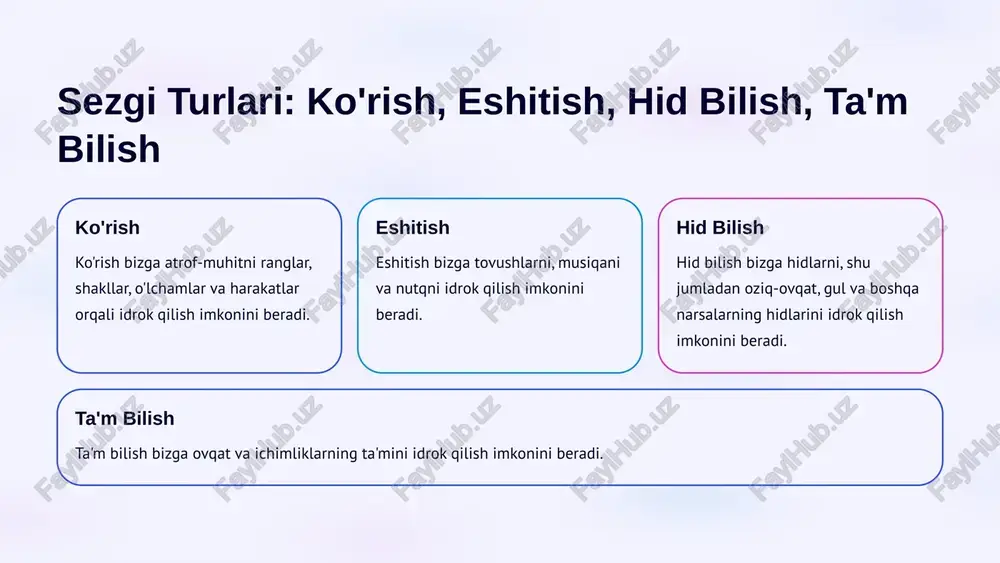 gi narsalar o'rganish muhim. xulosa va tavsiyalar sezgi turlari bizning dunyoni anglashimiz, xavflarni oldini olish, muloqot qilish va bilimlarni o'rganish uchun muhimdir. sezgilarning to'g'ri ishlashi, jismoniy va ruhiy salomatligimiz uchun asosiy omil bo'lib xizmat qiladi. ularning har biriga e'tibor berish va ularni muntazam ravishda rivojlantirish nafaqat kundalik hayotda qulaylik yaratadi, balki kasbiy sohalarda ham yuqori natijalarga erishishga yordam beradi. masalan, musiqachi uchun eshitish, rassom uchun ko'rish, oshpaz uchun ta'm bilish sezgilari juda muhim ahamiyatga ega. shuning uchun, har qanday yoshdagi insonlar uchun sezgilarni rivojlantirish bo'yicha mashqlarni bajarish va ularga doimiy ravishda e'tibor qaratish tavsiya etiladi. kundalik hayotda sezgilarning rolini chuqurroq anglash orqali, biz atrofimizdagi dunyoni yanada boy va qiziqarli qilib idrok qila olamiz. hayot sifatimizni yanada oshirish uchun sezgilarimizni qadrlashimiz va ularni rivojlantirishga harakat qilishimiz zarur. image1.png image2.png image3.png image4.png image5.png image6.png image7.png image8.png
