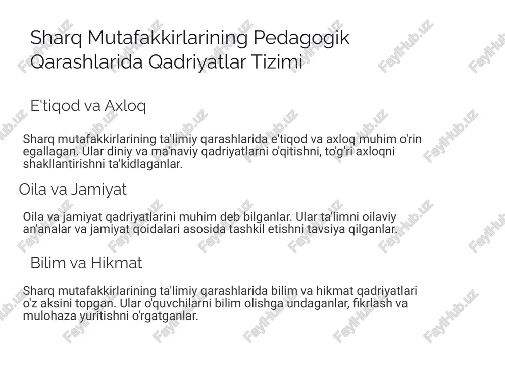 ishi kerak. 7 mustaqil fikrlash va ijodiy yondashuvlarni qo'llab-quvvatlash 1 muammolarni tahlil qilish o'quvchilarni muammolarni tahlil qilishga, o'ziga xos yechimlar izlashga undash kerak. bu ularga muammoga turli burchaklardan qarashni, fikrlash qobiliyatini rivojlantirishni o'rgatadi. 2 ijodkorlik va yangiliklar o'quvchilarni ijodiy fikrlashga, yangi g'oyalarni yaratishga rag'batlantirish muhimdir. bu ularga o'ziga xos yondashuvlarni qo'llashga, muammolarni yangicha usullar bilan hal qilishga o'rgatadi. 3 mustaqil ish mustaqil ish qobiliyatini rivojlantirish o'quvchilarni o'z-o'ziga ishonchli, mustaqil fikrlashga o'rgatadi. 8 sinov va tahlil: sharq mutafakkirlarining pedagogikasi samaradorligi 1 amaliy tadqiqotlar sharq mutafakkirlarining pedagogik g'oyalarini amaliyotda sinab ko'rish va natijalarni tahlil qilish muhimdir. bu ularning samaradorligini aniqlashga, kamchiliklarni bartaraf etishga yordam beradi. 2 o'quvchilarning fikr-mulohazalari o'quvchilarning fikr-mulohazalari sharq pedagogikasini o'rganishda muhim ahamiyatga ega. bu ularning ta'lim jarayoniga bo'lgan munosabatini, qiyinchiliklarini tushunishga yordam beradi. 3 o'qituvchilarning tajribasi o'qituvchilarning sharq pedagogikasi bo'yicha tajribalari va kuzatuvlari muhim ma'lumot manbai hisoblanadi. 9 xulosalar qadimgi bilim sharq mutafakkirlarining pedagogik g'oyalari qadimgi va zamonaviy ta'lim …