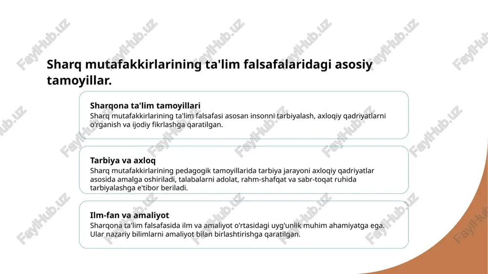 qolish va kelajak avlodga etkazish uchun muhim ahamiyatga ega. sharq mutafakkirlarining ta'limda innovatsion yondashuvlari. 1 sharq mutafakkirlar - sharq mutafakkirlarining ta'limdagi innovatsion yondashuvlari, tarixiy merosni davom ettirib, zamonaviy pedagogikaga yangiliklar kiritishda muhim rol o'ynaydi. 2 yondashuvlar - sharq mutafakkirlarining yondashuvlari, o'qitish jarayonida talabalar faoliyatini rag'batlantirish, ijodkorlik va mustaqil fikrlashni rivojlantirishga qaratilgan. 3 amaliyot va nazariya - innovatsion yondashuvlar amaliyot va nazariyani birlashtirib, o'quv jarayonida qiziqarli va samarali tajribalarni taqdim etadi, bu esa o'quvchilarning motivatsiyasini oshiradi. 4 madaniy kontekst - sharq mutafakkirlarining innovatsion yondashuvlari, madaniy kontekstdan kelib chiqib, ta'limda an'analarni saqlab qolish bilan birga, yangi g'oyalarni ham ilgari suradi. o'rta asr sharq pedagogikasida amaliyot va nazariyaning uyg'unligi. 01 amaliyot va nazariya o'rta asr sharq pedagogikasida amaliyot va nazariya bir-birini to'ldirgan. ta'lim jarayonida nazariy bilimlar amaliyotga tatbiq etilgan. 02 tarixiy kontekst o'rta asrlarda sharq mutafakkirlari ta'limda amaliyot va nazariyani uyg'unlashtirishga intilgan. bu, ularning pedagogik yondashuvlarini mustahkamladi. 03 misollar va ta'sir al-farobi va …