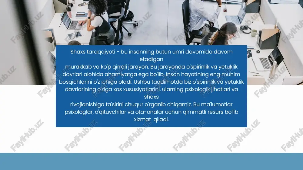 da insonlar o'z hayotlarining ma'nosini chuqurroq anglashga harakat qiladilar. o'rta yetuklik (40-60 yosh) kasbiy va shaxsiy yutuqlarga erishish, oilaviy mas'uliyatlarni bajarish va o'z hayotini qayta baholash davri. ko'pchilik insonlar bu davrda o'z bilim va tajribalarini yoshlarga uzatishga intiladilar. yetuklik davrining psixologik xususiyatlari emotsional barqarorlik yetuklik davrida insonlar o'z hissiyotlarini yaxshiroq boshqara oladilar va hayotiy qiyinchiliklarga nisbatan bardoshli bo'ladilar. bu ularning shaxsiy va kasbiy munosabatlarida ijobiy ta'sir ko'rsatadi. o'z-o'zini anglash insonlar o'z kuchli va zaif tomonlarini yaxshiroq tushuna boshlaydilar. bu o'z-o'zini rivojlantirish va shaxsiy o'sish uchun imkoniyat yaratadi. mas'uliyat va qadriyatlar yetuk insonlar o'z qarorlarining oqibatlarini chuqurroq anglaydilar va jamiyat oldidagi mas'uliyatlarini his qiladilar. ular o'z qadriyatlarini shakllantirib, ularga sodiq qoladilar. hayotiy donishmandlik yillar davomida to'plangan tajriba va bilimlar asosida yetuk insonlar murakkab vaziyatlarda to'g'ri qarorlar qabul qilish qobiliyatini rivojlantiradilar. 01 yetuklik davrida kasbiy va shaxsiy rivojlanish kasbiy rivojlanish yetuklik davrida insonlar o'z kasbiy mahoratlarini oshiradilar, yang ko'nikmalarni o'zlashtiradilar va ko'pincha …