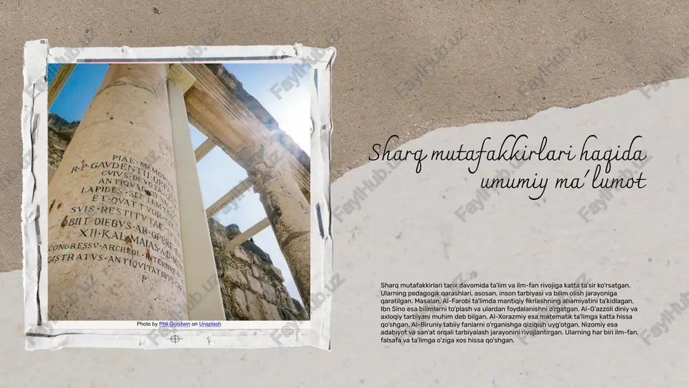 by the new york public library on unsplash sharq mutafakkirlarining pedagogik qarashlari o'rtasidagi asosiy farqlar va o'xshashliklarni o'rganish, ularning ta'lim tizimiga ta'sirini aniqlashda muhimdir. har bir mutafakkir o'z davrining ijtimoiy, madaniy va ilmiy kontekstida ta'limni rivojlantirishga hissa qo'shgan. masalan, al-farobi va ibn sino o'zlarining ta'lim nazariyalarida o'xshashliklar va farqlar mavjud. al-farobi jamiyatni rivojlantirish uchun ta'limning ahamiyatini ta'kidlagan bo'lsa, ibn sino bilim va tajriba orqali shaxsiy o'sishni ko'zlagan. kuchli tomonlar: keng qamrovli bilim; zaif tomonlar: zamonaviy tafakkurdan chetda qolishi; imkoniyatlar: yangi ta'lim metodlarini joriy etish; tahdidlar: zamonaviy ta'lim tizimlari bilan raqobat. swot tahlili orqali ushbu mutafakkirlarning pedagogik qarashlarining kuchli va zaif tomonlarini, imkoniyatlarini va tahdidlarini ko'rib chiqamiz. bu tahlil ta'lim jarayonini yaxshilashga yordam beradi. farqlar va o'xshashliklar ta'limga ta'siri swot tahlili natijalar mutafakkirlar o'rtasidagi taqqoslash sharq mutafakkirlari haqida sharq mutafakkirlari, jumladan, ibn sino, al-farobi va al-g'azzoli, ta'lim va ilm-fan sohasida muhim hissalar qo'shgan. ibn sino o'zining "tibbiyot qonunlari" asarida ta'lim jarayonini …