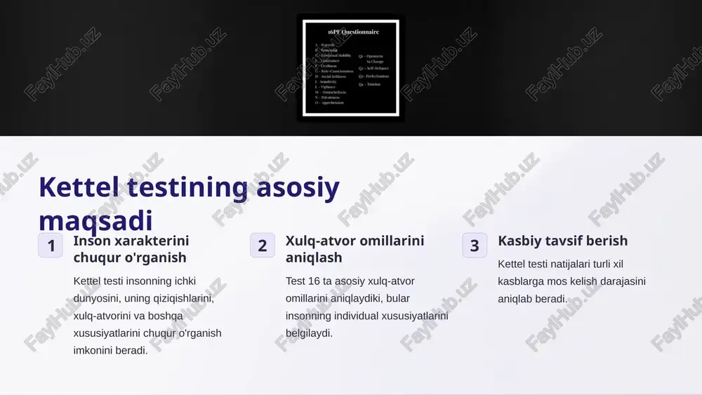 lari va umumiy xulosa 1 kettel testi - chuqur tahlil kettel testi shaxs xususiyatlarini yaxlitlikda o'rganib, 16 ta xarakteristika omilini o'lchovchi keng qamrovli metodika hisoblanadi. 2 ayzenk testi - sodda va tez qiyoslash ayzenk testi esa shaxs xususiyatlarini 3 asosiy omil (ekstroversiya, neyrotizm, psixotizm) asosida tavsiflaydigan qisqa va tez qiyoslash metodikasi. 3 umumiy xulosa ikkala metodika ham shaxs xususiyatlarini o'rganishda o'ziga xos afzallik va kamchiliklarga ega. ular birgalikda qo'llanilganda yaxlit tahlilni ta'minlaydi. 1.7.2013 10 ‹#› eʼtiboringiz uchun tashakkur! image1.png image2.png image3.png image4.png image5.png image6.png image7.png image8.png image9.png image10.png image11.png image12.png image13.png image14.png image15.png image16.png image17.png image18.png image19.png image20.png image21.png image22.png image23.png 16pf questionnaire \- warmth 1b reasoning (c—emotional stability qy— openness dominance to change bo unainess sele reliance g~ rule-consciousness h-social boldness —_q)- perfetionism 1 sensitivity eee 4 tension m-abstractedness n—privateness (0- apprehension meen bit ry factor warmth intellect emotional stability aggressiveness liveliness dutifulness social assertiveness sensitivity paranoia abstractness introversion …