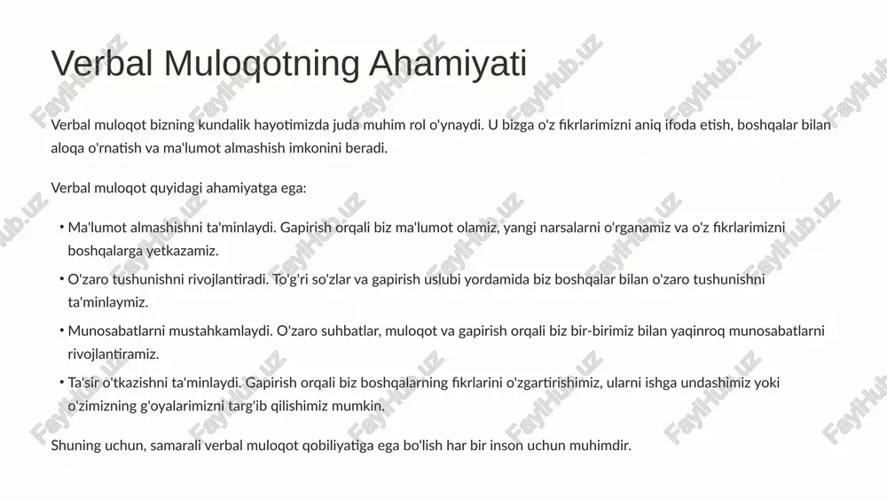 sabatlarni shakllantiradi. tushunishni yaxshilash: yuz ifodalari bizning verbal muloqotni tushunishga yordam beradi. masalan, kimdir biror narsa haqida gapirganda, uning yuz ifodasi so'zlarini to'ldiradi va ularning chinakam ma'nosini tushunishga yordam beradi. yuz ifodalarini o'qish va ularni to'g'ri talqin qilish muloqotning samarali bo'lishida muhim rol o'ynaydi. 1.7.2013 5 ‹#› qo'llar harakatlari va imo-ishoralar qo'llar harakatlari va imo-ishoralar - bu noverbal muloqotning boshqa muhim shaklidir. ular bizning fikrlarimizni, his-tuyg'ularimizni va niyatlarimizni ifoda etishga yordam beradi. qo'llar harakatlari har bir madaniyatda o'ziga xos xususiyatlarga ega bo'lishi mumkin. qo'llar harakatlari va imo-ishoralar quyidagi ahamiyatga ega: fikrlarni aniqlash: qo'llar harakatlari va imo-ishoralar bizning gaplarimizni qo'llab-quvvatlashga, tushuntirishga va ularning ma'nosini aniqlashga yordam beradi. his-tuyg'ularni ifoda etish: qo'llar harakatlari va imo-ishoralar bizning his-tuyg'ularimizni ifoda etishga yordam beradi. masalan, qo'llarni xurmo qilib ko'tarish quvonchni, qo'llarni kesib qo'yish esa g'azabni ifoda qilishi mumkin. aloqa o'rnatish: qo'llar harakatlari va imo-ishoralar bizning boshqalar bilan aloqa o'rnatishimizga va ular bilan bog'lanishimizga yordam beradi. …