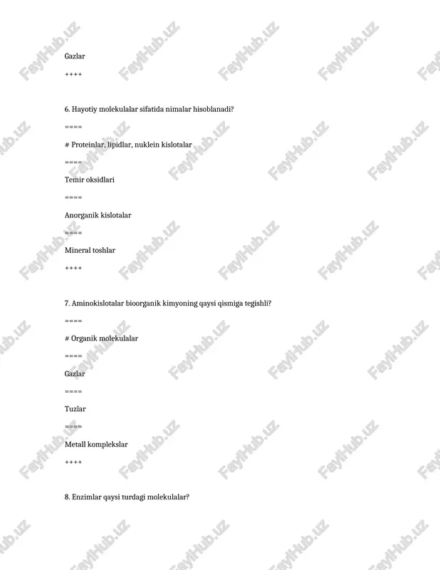 i ==== bug‘lanish nuqtasi ++++ 28. aminokislotalarning polimeri nima? ==== # peptid ==== tuz ==== gaz ==== metall ++++ 29. l-aminokislotalar nimani anglatadi? ==== # tabii shakl ==== sintetik shakl ==== gaz shakli ==== metall shakli ++++ 30. aminokislotalar oqsillar qanday hosil qiladi? ==== # peptid bog‘lar orqali ==== ion bog‘lar orqali ==== metall bog‘lar orqali ==== fizik bog‘lar orqali ++++ 31. aminokislotalarning asosiy xususiyati? ==== # funktsional guruhlarning mavjudligi ==== gaz holatda bo‘lishi ==== metall bilan reaksiyaga kirishishi ==== tuz bo‘lishi ++++ 32. aminokislotalarning nima asosida guruhlanadi? ==== # yon zanjirning xossalari ==== atomlarning soni ==== metallar bilan bog‘lanishi ==== tuzlarning mavjudligi ++++ 33. aminokislotalar qaysi holatda ionlashtiriladi? ==== # suvda ==== quruq holatda ==== gaz holatda ==== metal yuzada ++++ 34. aminokislotalar qaysi moddalarga o‘xshaydi? ==== # amin va karboksil kislota ==== mineral tuzlar ==== metall oksidlar ==== gazlar ++++ 35. aminokislotalarda qaysi guruh ph ni o‘zgartiradi? ==== …