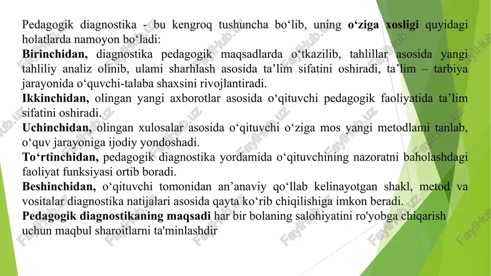 ida o‘tkazilsa yaxshi bo‘ladi. muammoli taqdimot elementlari bilan mohirona o‘tkazilgan o‘quv suhbati katta diagnostik ahamiyatga ega. uni kuchaytirish uchun diagnostika vazifalari va savollarining komplekslarini suhbat tarkibiga oldindan kiritish, fiksatsiya shakllari va vositalari, talabalar javoblarini tahlil qilish va tahlil qilish haqida o‘ylash kerak. testlar. test-bu qisqa standartlashtirilgan sinov bo‘lib, natijada u yoki bu jarayonni baholashga harakat qilinadi. “test” atamasining o‘zi ingliz testidan kelib chiqqan-sinov, o‘lchov, mezon, tajriba. test – eng mos o‘lchash texnologiyasi-o‘quv yutuqlarini ommaviy baholash holatlarida eng samarali hisoblanadi. kuzatish. kuzatish pedagogik diagnostika usuli sifatida tabiiy sharoitda faktlarni to‘plash uchun zarurdir. ilmiy asoslangan kuzatuv odatdagi faktlarni qayd etishdan farq qiladi: - bu bolaga, uning tarbiyasiga ta’siri bilan birlashtiriladi (birinchi navbatda talabaning turli xil ta’lim ta'siriga munosabati qayd etiladi); - kuzatish yetakchi pedagogik vazifani hisobga olgan holda ma’lum bir tizimda amalga oshiriladi; - faktlarni qayd etishda tizim, uzoq vaqt davomida ma'lum bir ketma-ketlik kerak, chunki bir martalik kuzatuvlar tasodifiy bo‘lib chiqishi …