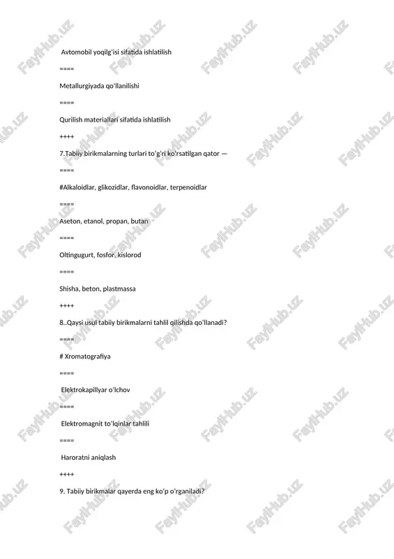 qali ++++ 25. quyidagilardan qaysi biri oqsilga misol bo‘la oladi? ==== #albumin ==== geksan ==== efir moyi ==== glycerin ++++ 26. oqsillar biologik roliga ko‘ra qanday vazifani bajaradi? ==== #strukturaviy, fermentativ, transport ==== faqat issiqlik chiqaradi ==== suvni yutadi ==== havo aylanishini ta’minlaydi ++++ 27. oqsillar qanday reaktiv bilan aniqlanadi? ==== # biureta reaktivi ==== feling eritmasi ==== brom suv ==== kaliy permanganat ++++ 28. oqsillarni tashkil qiluvchi birikmalar — ==== #aminokislotalar ==== monosaxaridlar ==== yog‘ kislotalari ==== vitaminlar ++++ 29. peptid bog‘i qanday shakllanadi? ==== #bir aminokislota –nh₂ guruhi bilan boshqasining –cooh guruhi o‘zaro reaksiyaga kirishganda ==== ikkita kislotaning birikishi orqali ==== spirtdan suv ajralib chiqqanda ==== efir bilan amin reaksiyaga kirishganda ++++ 30. oqsillarni gidroliz qilganda nima hosil bo‘ladi? ==== # aminokislotalar ==== monosaxaridlar ==== yog‘lar ==== vodorod ++++ 31. lipidlar deganda qanday moddalar tushuniladi? ==== # yog‘lar, mumlar, fosfolipidlar va steroidlar ==== faqat glitserin va suv ==== …