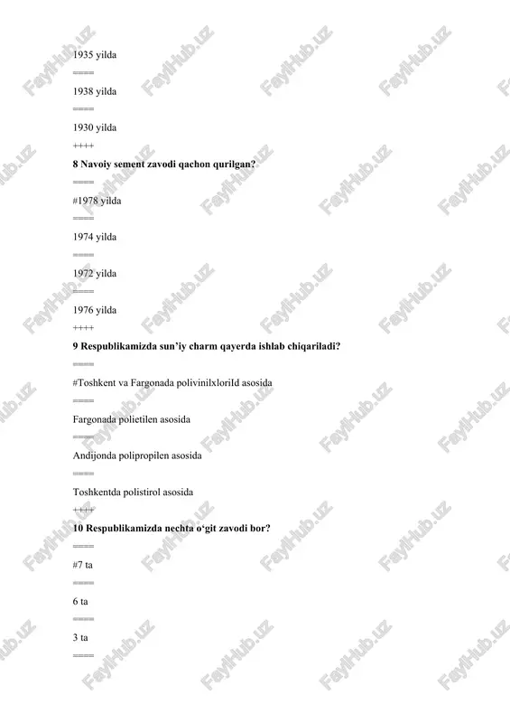 k, siklonli. ==== 4 ga: mexanik, kimyoviy, termik, elektrik. ==== 6 ga: mexanik, kimyoviy, termik, elektrik, siklonli, ho‘llash. ++++ 16 xom ashyolar kelib chiqishiga qarab necha sinfga bo‘linadi? ==== #3 sinfga: mineral, o‘simlik va hayvon ashyolari ==== 3 sinfga: qattiq, suyuq va gazsimon ashyolar ==== 4 sinfga: tehnik, oziq-ovqat, mineral va organik ashyolar ==== 2 sinfga: noorganik va organik ashyolar; ++++ 17 gazsimon hom ashyolarni boyitish qanday usullarda amalga oshiriladi? ==== #absorbsiyalash va desorbsiyalash, rektifikasiyalash, ketma-ketlik bilan kondensatsiyalash ketma-ketlik bilan kondensasiyalash ==== maydalash ==== elektroliz ==== eritish ++++ 18 suyuq homashyolar qanday usullar bilan boyitiladi. ==== #eritmalarni bug‘lantirish, cho‘ktirish, ekstraksiyalash, rektifikasiyalash bilan ==== eritmadagi moddalarni cho‘ktirish bilan. ==== kondensatlash, adsorsiyalash, bug‘lantirish, rektifikasiyalash, eksraksiyalash bilan. ==== eritmalarni muzlatish, cho‘ktirish, bug‘lantirish, rektifikasiyalash, eksraksiyalash bilan ++++ 19 termik boyitish nimaga asoslangan? ==== #xom ashyo tarkibidagi moddalarning harorat ta’sirida parchalanib ketish yoki ketmasligiga ==== xom ashyoning tarkibidagi moddalarning qaynash haroratining har xilligiga ==== xom …