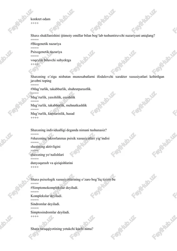 chi periferik nerv sistemasi ==== markazdan tegishli javob reaktsiyasini olib qaytuvchi nerv tolasi ++++ diqqatning xususiyatlari qaysilar? ==== #diqqatning barqarorligi,vibratsiya,bo‘linishi, ko‘chishi parishonxotirlik ==== ko‘chishi va bo‘linishi, adaptatsiya ==== ixtiyoriy to‘planish, seniztiziya ==== tebranish, senzibilizatsiya ++++ diqqatning asosiy turlari qaysi? ==== #ixtiyoriy-ixtiyorsiz muvaffaqqiyatlashtirilgan ==== ixtiyordan so‘nggi, majburiy ==== ixtiyorsiz, ichki va tashqi ==== beqaror, salbiy va ijobiy ++++ diqqatning fiziologik asosi nima? ==== #optimal qo‘zg‘alish o‘chog‘i, domenanta ==== o‘zaro induksiya qonuni ==== birinchi signallar sistemasi ==== shartsiz reflex ++++ diqqat deb nimaga aytiladi? ==== #psixik faoliyatning yo‘naltirilishi va shaxs uchun ahamiyatga ega bo‘lgan obyekt ustida to‘lanishiga ==== narsa va hodisalarning ayrim xussiyatlarini aks ettirishga ==== psixik faoliyatning ixtiyoriy yo‘naltirilishiga ==== materialni esda qoldirish uchun qilingan harakatlarga ++++ sezgi turlari qaysilar? ==== #ko‘rish,eshitish,hid bilish,maza,ta’m bilish,teri,harakat,tana muvozanati sezgilari ==== ko‘rish ==== organik sezgilar,ko‘rish ==== ko‘rish harakat sezgilari ++++ sezgilarning nerv-fiziologik asoslarini analizatorlar faoliyati bilan bog’lab tushuntirgan olimning nomini aniqlang ==== #i.p.pavlov. ==== p.k. …