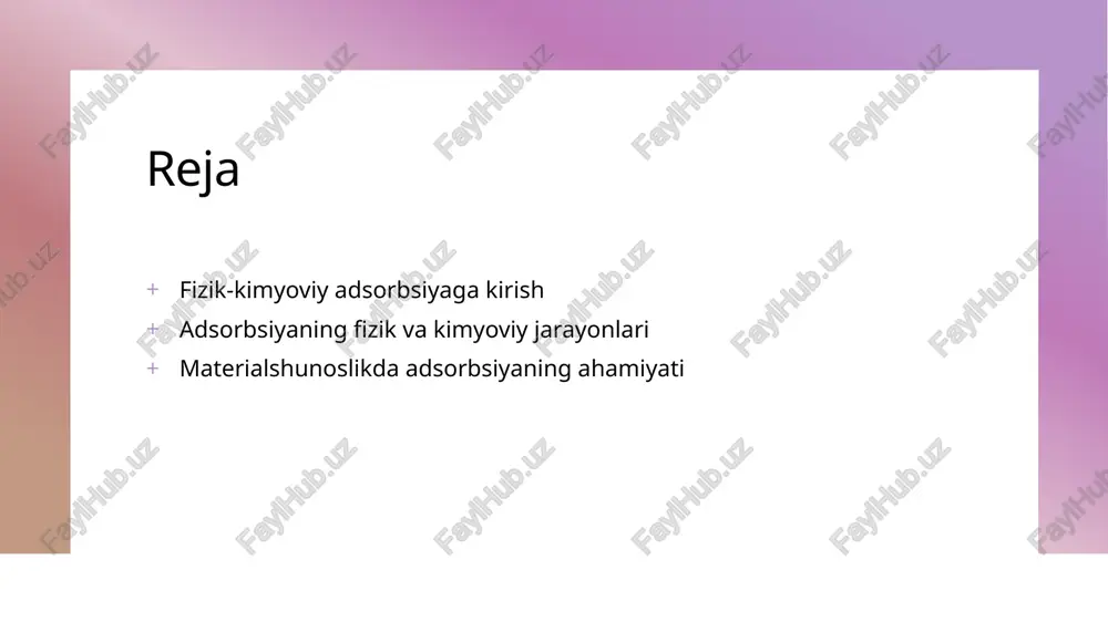 slari - fizik adsorbsiyaga nisbatan kuchli van der waals kuchlari ta'sir qiladi. molekulalar yuzaga yaqinlashganda, ularning energiyasi pasayadi, bu esa adsorbsiyaning jarayonini boshlaydi. 2 kimyoviy adsorbsiyaning xususiyatlari - kimyoviy adsorbsiyada kovalent va ionli bog'lanishlar yuzaga keladi. bu jarayonda energiya o'zgarishi bo'lib, kimyoviy reaksiyalar natijasida yangi bog'lanishlar paydo bo'ladi. 3 farqlar va o'xshashliklar - fizik va kimyoviy adsorbsiyaning asosiy farqi, fizik jarayonlar reversibl bo'lib, kimyoviy jarayonlar esa ko'pincha irreversibl hisoblanadi. har ikkisi yuzaga ta'sir qiladi. adsorbsiyaning fizik jarayonlari: mexanizmlar va faktorlar. adsorbsiyaning mexanizmlari fizik jarayonlar adsorbsiyadagi molekulalararo kuchlar orqali amalga oshadi. bu kuchlar van der waals kuchlari va elektrostatik ta'sirni o'z ichiga oladi. tashqi faktorlar harorat, bosim va konsentratsiya adsorbsiya jarayonlariga ta'sir etuvchi muhim tashqi omillardir. ular jarayonning samaradorligini oshirishi yoki kamaytirishi mumkin. yuzaga ta'siri adsorbsiyalanayotgan moddalar yuzasi va uning strukturasidagi o'zgarishlar jarayonni sezilarli darajada ta'sir qiladi, bu esa materialning sifatiga bog'liq. energiya o'zgarishi adsorbsiyaning fizik jarayonlari davomida energetik o'zgarishlar ro'y …