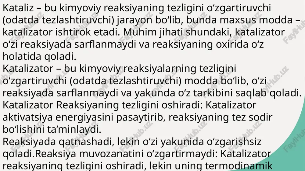 sanoatdagi ahamiyati katalitik zaharlarning sanoatda ahamiyati katta. ular energetik sarfni oshiradi va jarayonning samaradorligini pasaytirishi mumkin, bu esa iqtisodiy jihatdan zararli. katalitik zaharlarning kimyoviy jarayonlarga ta'siri va natijalari. katalitik zaharlar katalitik zaharlar, katalizatorlarning faoliyatini pasaytiruvchi moddalar bo'lib, kimyoviy jarayonlarning samaradorligini kamaytiradi va natijalarini o'zgartiradi. reaksiya tezligi katalitik zaharlar, reaksiya tezligini sekinlashtirib, mahsulotning hosil bo'lish vaqtini uzaytiradi, bu esa jarayon samaradorligini pasaytiradi. kimyoviy muvozanat katalitik zaharlar, kimyoviy muvozanatni o'zgartirib, mahsulot va reaktantlar nisbatini bosqichma-bosqich o'zgartiradi, bu esa natijalarni sezilarli darajada ta'sir qiladi. sanoat ta'siri sanoat jarayonlarida katalitik zaharlar, ishlab chiqarish samaradorligini pasaytirishi mumkin, bu esa iqtisodiy xarajatlar va mahsulot sifatiga salbiy ta'sir ko'rsatadi. ingibitorlar va ularning turlari ingibitorlar— bu biologik, kimyoviy va tibbiy jarayonlarda fermentlarning yoki boshqa biologik yo‘llarning faoliyatini sekinlashtiruvchi, kamaytiruvchi yoki to‘xtatuvchi moddalardir. ingibitorlarning asosiy vazifasi 1. fermentlarning faoliyatini kamaytirish fermentlar biologik reaktsiyalarni tezlashtirish uchun substrat bilan birlashadi. ingibitorlar bu birlashishni sekinlashtiradi. 2. kimyoviy ta'sirni boshqarish kimyo sanoatida ortiqcha …
