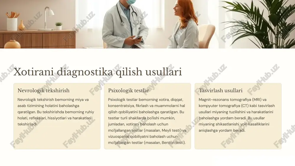 ss xotiraga salbiy ta'sir ko'rsatishi mumkin. stressni boshqarish texnikalari (masalan, meditatsiya, yoga) xotirani yaxshilashga yordam beradi. o'rganishni takrorlash yangidan o'rganilgan ma'lumotni muntazam ravishda takrorlash xotirani mustahkamlashga yordam beradi. 7 xotirani yaxshilash bo'yicha tavsiyalar 1 o'rganish usullarini o'zgartirish xotirani yaxshilash uchun o'rganish usullarini o'zgartirish foydali bo'ladi. masalan, o'qish bilan birga, o'rganish jarayoniga ovozli yozuvlarni tinglash, eslab qolishni talab qiladigan o'yinlarni o'ynash yoki o'z xotiralaringizni yozib qolishni o'z ichiga olish mumkin. 2 o'rganishni rejalashtirish o'rganishni rejalashtirish xotira funksiyasini yaxshilashga yordam beradi. o'rganish jarayonini qismlarga bo'lish va har bir qismni alohida-alohida o'rganish, shuningdek, o'rganish jarayoniga bir nechta qisqa tanaffuslarni kiritish xotirani mustahkamlashga yordam beradi. 3 turli xil usullardan foydalanish xotirani yaxshilash uchun turli xil o'rganish usullaridan foydalanish tavsiya etiladi. masalan, o'rganish uchun vizual va og'zaki ma'lumotlarni, shuningdek, faol va passiv o'rganish usullarini birlashtirish xotirani mustahkamlashga yordam beradi. 8 xotira muammolari bilan bog'liq mutaxassislarga murojaat qilish 1 nevrolog nevrolog miya va asab tizimining kasalliklari …
