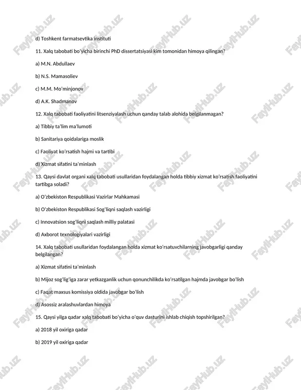 22. kamqonlikda iste’mol qilish uchun qaysi oziq-ovqat tavsiya etiladi? a) tuz b) qahva c) shokolad d) jigar 23. kamqonlikka qarshi samarali ichimlik qaysi? a) qahva b) gazlangan ichimlik. c) qizil sabzi sharbati. d) mineral suv 24. xalq tabobatining maqsadi nima? a) kasalliklarni sun’iy vositalar bilan davolash b) tabiiy usullar orqali organizmni mustahkamlash c) faqatgina jarrohlik yo‘li bilan davolash d) innovatsion dorilar yaratish 25. qaysi tashkilot xalq tabobatini rivojlantirish strategiyasini tasdiqlagan? a) yunesko b) foa c) bmt d) jahon sog‘liqni saqlash tashkiloti 26. mioma qaysi organ bilan bog‘liq muammo hisoblanadi? a) yurak b) mushak c) bachadon d) buyrak 27. tabiiy oziq-ovqatlar qaysi kasallikka qarshi samarali? a) gipertoniya b) kamqonlik c) gripp d) saraton 28. litiy qaysi muammolarni bartaraf etadi? a) kayfiyat o‘zgarishlari b) bo‘g‘im og‘rig‘i c) yurak ritmi buzilishi d) gijjalar 29. qaysi ichimlik sog‘liq uchun foydali emas? a) mineral suv b) gazlangan ichimliklar c) qizil sabzi sharbati d) o‘simlik choyi …