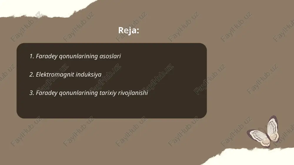 rinchi qonunga ko'ra, zanjirdagi emk magnit oqim o'zgarishiga mutanosib. ikkinchi qonunda aytilishicha, induksiyalangan emk yo'nalishi o'zgaradigan oqimga qarama-qarshidir. emk formulasi: emk = -dφ/dt, bu erda φ - magnit oqim, t - vaqt. faradey qonunlari elektr generatorlari, transformatorlar va elektromagnit qurilmalarning ishlashini tushuntirish uchun muhim asos bo‘lib xizmat qiladi. faradeyning kashfiyotlari elektromexanik energiya bilan bog'liq tizimlar uchun hal qiluvchi ahamiyatga ega. ... t.me/slaydai_bot 7. faradeyning tajribalari maykl faradey 19-asr olimi bo'lib, elektromagnit induksiya va elektroliz qonunlarini kashf qilgan. 1821-yilda u elektromotorni icchib chiqarish uchun birinchi marta mis simi orqali elektrik tok va magnit maydonni tadqiq etdi. 1831-yilda faradey elektromagnit induksiya prinsipini kashf qilib, magnit maydonning o'zgarishi elektr toki hosil qilishi mumkinligini aniqladi. uning ishlari zamonaviy transformator va generatorlarning asosini yaratib berdi. elektrolizga oid tadqiqotlari esa elektr tokni suyuqlik orqali o'tkazish jarayonlarini yaxshi tushunishga olib keldi va bu jarayonda faradey qonunlari sifatida tanilgan ikki asosiy qonunni tushuntirdi. ... t.me/slaydai_bot magnit oqim (f) …