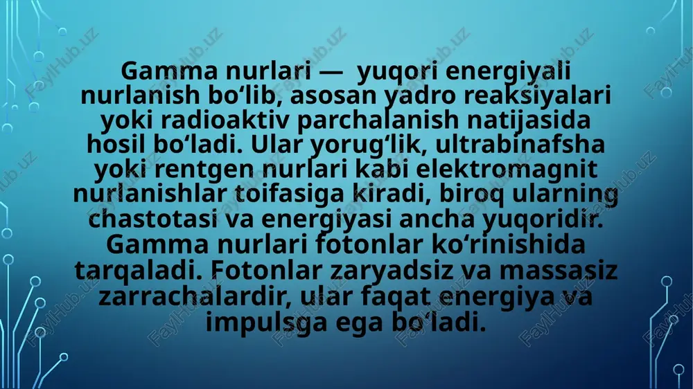 ining modda orqali o‘tish darajasini, biologik ta’sirini va to‘suvchi materiallarning tanlanishini belgilaydi. ushbu xususiyatlar gamma nurlaridan tibbiyot, sanoat va yadroviy texnologiyalarda foydalanishda muhim hisoblanadi. gamma nurlari — bu yuqori energiyali elektromagnit nurlanish bo‘lib, kuchli ionlashtiruvchi xususiyatga ega. ular modda orqali chuqur o‘tadi va tirik to‘qimalarga jiddiy ta’sir ko‘rsatishi mumkin. shuning uchun gamma nurlari bilan ishlashda maxsus ehtiyot choralari ko‘rilishi, dozalash nazorati va himoya vositalaridan foydalanish shart hisoblanadi. 1. biologik xavflar gamma nurlari inson tanasidagi hujayralarga chuqur kirib borib, dnk va boshqa hujayra strukturalarini shikastlashi mumkin. bu esa quyidagi muammolarga olib keladi: dnk buzilishi: hujayraning to‘g‘ri bo‘linmasligi va mutatsiyaga uchrashi. saraton xavfi: hujayra o‘sishining nazoratsiz ko‘payishi natijasida o‘smalar paydo bo‘lishi mumkin. radiatsion kasalliklar: yuqori dozada gamma nurlari tanani zaiflashtiradi, immunitetni tushiradi, bosh og‘rig‘i, qusish, holsizlik kabi belgilar paydo bo‘ladi. reproduktiv muammolar: ayollarda bepushtlik, homilada nuqsonlar yoki tushish holatlari kuzatilishi mumkin. kasbiy xavflar gamma nurlari bilan bevosita ishlovchi xodimlar — masalan, radiologlar, …