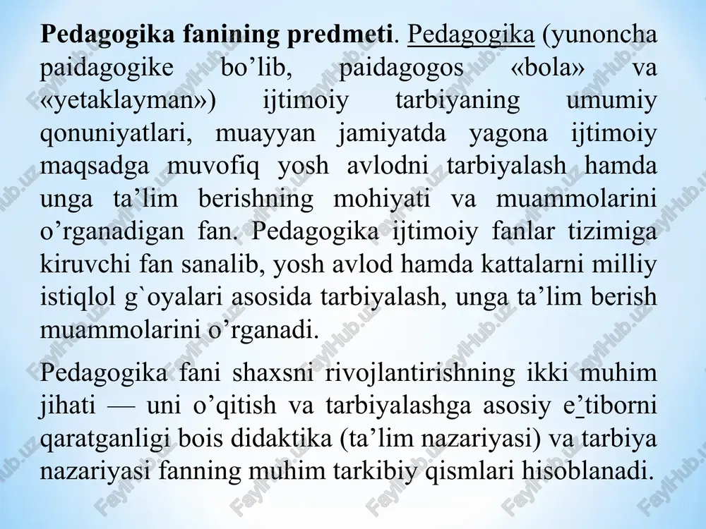 il etuvchi pedagogik fanlar tomonidan o’rganiladi. ular quyidagilardir: 1. umumiy pedagogika— maktab yoshidagi bolalarni tarbiyalash va ularga ta’lim berish masalalarini o’rganadi. 2. maktabgacha ta’lim pedagogikasi — maktabgacha ta’lim yoshidagi bolalarni tarbiyalash, ularni intellektual, ma`naviy-axloqiy va jismoniy jihatdan kamolotga yetkazish masalalarini o’rganadi. 3. boshlang`ich ta’lim pedagogikasi— boshlang`ich sinflar o’quvchilarini tarbiyalash, ularga ta’lim berish, ularning o’ziga xos psixologik hamda fiziologik xususiyatlarini tadqiq etish, shuningdek, ularni intellektual, ma`naviy-axloqiy va jismoniy jihatdan kamolotga yetkazish masalalarini o’rganadi. 4. korreksion (maxsus) pedagogika— rivojlanishida turli psixologik va fiziologik nuqsonlari bo’lgan bolalarni tarbiyalash va o’qitish bilan bog`liq muammolarni o’rganadi. o’z navbatida korreksion pedagogika tarkibiga maxsus pedagogika va psixologiyaning turli sohalari kiradi. ular quyidagilardir: 4.1. surdopredagogika va surdopsixologiya— eshitish qobiliyati buzilgan bolalarni rivojlantirish, o’qitish va tarbiyalash masalalarini o’rganadi. 4.2. oligofrenopedagogika va oligofrenopsixologiya – aqli zaif bolalarni rivojlantirish, o’qitish va tarbiyalash masalalarini o’rganadi. 4.3. tiflopedagogika va tiflopsixologiya— ko’rish qobiliyati buzilgan bolalarni rivojlantirish, o’qitish va tarbiyalash masalalarini o’rganadi. 4.4. logopediya va …