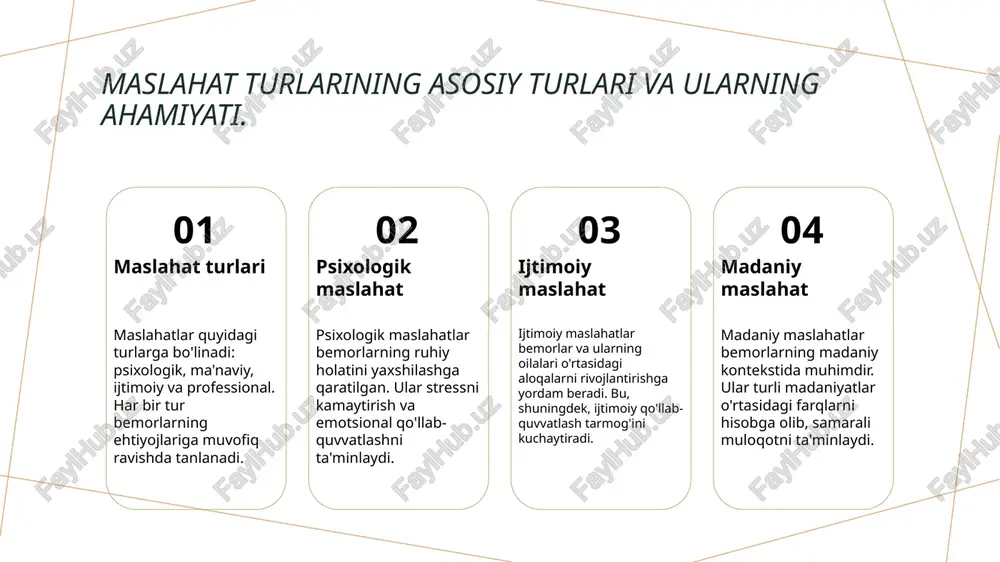 an'analari bemorning psixologik holatiga ta'sir qiladi. til to'siqlari og'ir bemorlar bilan muloqotni murakkablashtiradi. tushunmaslik, noaniqlik va xato tushunishlar bemorning hissiy holatiga salbiy ta'sir ko'rsatishi mumkin. og'ir bemorlar bilan muloqotda shaxsiy munosabatlar muhimdir. ishonchni o'rnatish va o'zaro hurmat, bemorning ruhiy holatini yaxshilashga yordam beradi. og'ir bemorlar bilan muloqotda psixologik yondashuvlarning ahamiyati. 01 psixologik yondashuvlar og'ir bemorlar bilan muloqotda psixologik yondashuvlar, bemorning hissiy holatini tushunishga yordam beradi va stressni kamaytirishga xizmat qiladi. 02 emotsional qo'llab-quvvatlash emotsional qo'llab-quvvatlash, bemorlarga qo'llab-quvvatlash hissini berish orqali ularda ishonch va xavfsizlikni oshiradi, bu esa ruhiy holatni yaxshilaydi. 03 muloqotning mosligi og'ir bemorlar bilan muloqotda mos yondashuvlar, ularning madaniy va psixologik xususiyatlarini inobatga olib, yanada samarali va tushunarli bo'lishini ta'minlaydi. o'ziga xos muloqot usullari: og'ir bemorlar bilan samarali aloqalar. 1 muloqotning ahamiyati - og'ir bemorlar bilan muloqot qilishda samimiylik va ehtiyotkorlik juda muhim. bu ularning ruhiy holatini yaxshilashga yordam beradi. 2 empatiya va tinglash - empatiya orqali bemorning …