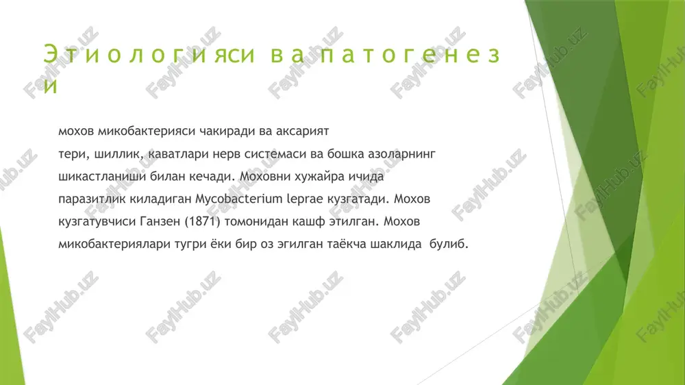 kamligi xisobiga moxov mikobakteriyasining topilishi ram ancha past buladi. d i f f e r e n ts i ya l a n m a g a n, yaani moxovning noanik xilida asosan bemorning terisi va nerv sistemasi zararlanadi. ularning umumiy axvoli deyarli uzgarmaydi. teri­da rar xil kattalikdagi chegarasi anik doglar kurinishidagi gipoxrom, eritematoz va aralash rangli doglar toshadi diagnozi moxov kasalligini aniklashda minor sinamasining axamiyati katta. buning uchun terining tekshirilmokchi bulgan joyiga yod surtiladi va us- tiga yupka kraxmal upa sepiladi. sungra bemor majburan ter- latiladi (issik choy beriladi, kuruk. xavoli vanna) yoki xlo­rid pilokarpin in'ektsiya kilinadi. d a v o s i bir vaktning uzida lepraga karshi 2 ta yoki 3 ta dori buyuriladi. bu spetsifik davoni umumkuvvat preparatlar (a,s, va v guruxi vitaminlari, pentaksin, metiluratsil, gam­ma — globulin, gemotransfuziya va boshkalar) bilan birga kushib olib boriladi. spetsifik kurs 6 oy davom etadi va 1yil tanaffus kilinadi. davo …