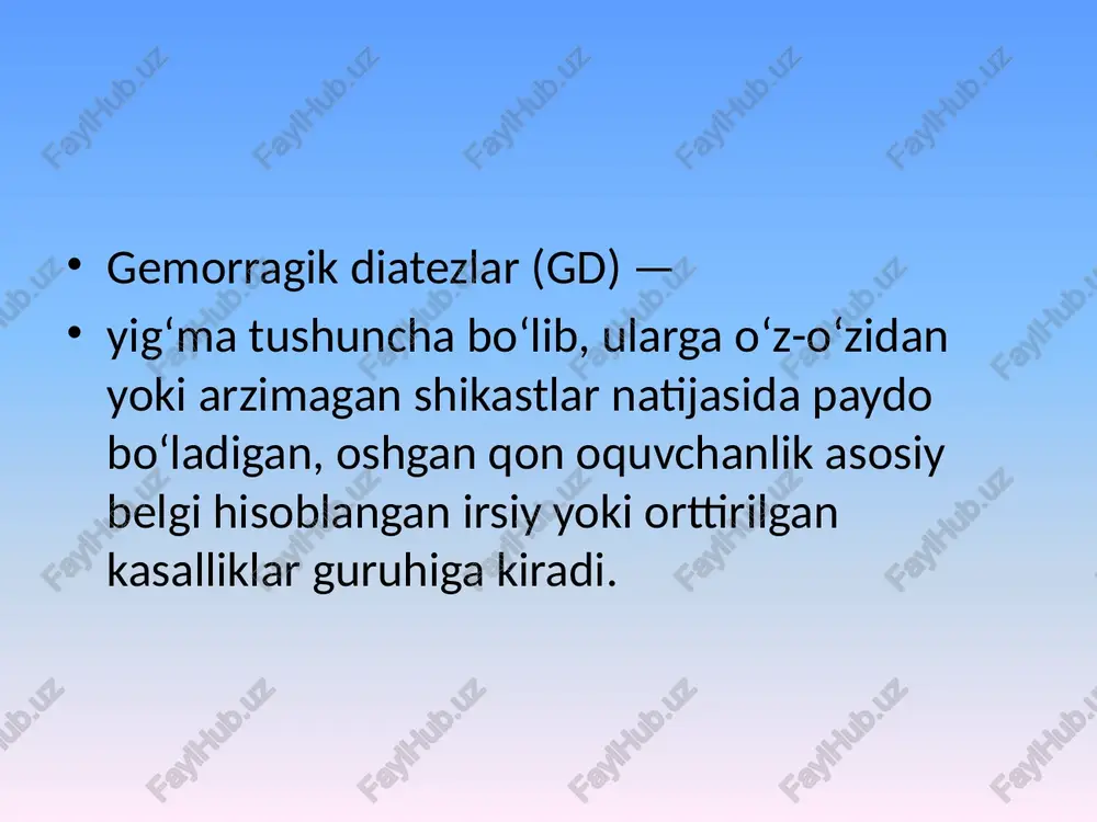 y kuzatuv olib borishi zarur. bemor es-hushini yo‘qotganda karavotdan yiqilib tushish ehtimolining oldini olish, ich kiyim va oqliklar ifloslanganda o‘z vaqtida almashtirish, yotoq yaralarning oldini olish lozim. gemolitik kriz vaqtida tibbiyot hamshirasi bemorga og‘riqni qoldiradigan davo bilan birga, unga osoyishta sharoit yaratishi kerak. trombotsitopenik purpura (verlgof kasalligi trombotsitopenik purpura yoki verlgof kasalligi gemorragik diatezlar guruhiga kiradi, u trombotsitlar sonining kamayib ketishi bilan kechadi. kasallikning birinchi klinik tasvirini 1735- yilda verlgof dog‘simon gemorragik kasallik nomi ostida bergan edi. bu kasallik turli yosh guruhlarida kuzatiladi, biroq ko‘pincha bolalar va yoshlar kasallanadi. bolalik yoshida kasallik o‘g‘il va qiz bolalarda bir xil, katta odamlar o‘rtasida ayollarda ko‘proq uchraydi. etiologiyasi. bu masala uzil-kesil hal qilinmagan va quyidagi nazariyalar mavjud: organizm immun sistemasining ahamiyati infeksiyalar (aksariyat viruslarga) davosi. splenektomiya. konservativ davolash: steroid gormonlar qo‘llash; gemoterapiyani keng qo‘llash; quvvatlantiruvchi terapiya; yosh o‘tishi bilan qon ketishi kamayadi yoki butunlay to‘xtaydi: gemorragik vaskulit (shenleyn— genoh kasalligi) bu kasallik gemorragik …