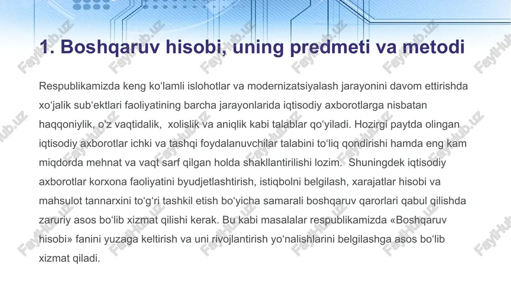 a hisobi o’z vazifalariga ega bo’la boshladi va boshqaruv jarayonini tezkor-tahliliy axborot bilan ta’minlash, korxona bo'linmalari xarajatlari va daromadlarini nazorat qilish imkoniyatini yaratdi. 12 3. hisobni tashkil etish qoidalari moliyaviy hisobda moliyaviy hisobot axborotlari aniq tamoyil va qoidalarga muvofiq shakllanishi hamda aks ettirilishi shart, ular asosida ma’lumotlar qayd qilinadi, baholanadi va tegishli schetlarda rasmiylashtiriladi. ushbu tamoyil va qoidalar «buxgalteriya hisobi to’g’risida»gi o’zbekiston respubikasi qonuni hamda buxgalteriya hisobining milliy standartlarida belgilab qo’yiladi. boshqaruv hisobini yuritish tartib-qoidalari korxonaning strategik va taktik maqsadlaridan xususiyatlaridan kelib chiqib ishlab chiqiladi. bu hisob turida ma’lumotlarning boshqaruv qarorlarini qabul qilish uchun ahamiyatlilik darajasiga e’tibor beriladi. 13 thank you 14 image2.png image4.jpeg image5.jpeg image6.jpeg image3.png image1.jpeg
