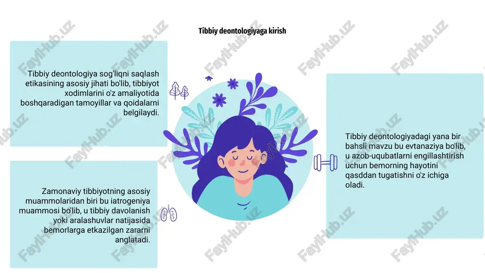 radigan axloqiy tamoyillarni o'z ichiga oladi. zamonaviy tibbiyotdagi muammolardan biri iatrogeniya bo'lib, u tibbiy davolanish yoki sog'liqni saqlash tizimi tomonidan etkazilgan zararni anglatadi. evtanaziyaning huquqiy nuqtai nazari bemorning hayotini qasddan tugatish amaliyoti bilan bog'liq turli qonun va qoidalarni o'rganadi. mars is a cold place tibbiy deontologiya tarixi “tibbiyot deontologiyasi asoslari” slaydida tibbiyot kasbini tartibga soluvchi axloqiy tamoyillar va yo‘riqnomalar haqida umumiy ma’lumot berilgan. shuningdek, u zamonaviy tibbiyotdagi iatrogeniya va evtanaziyaning muhim muammolarini muhokama qiladi va ularda mavjud bo'lgan axloqiy dilemmalarni ta'kidlaydi. tibbiyot deontologiyasining tarixi o'rganilib, uning evolyutsiyasi va bugungi axloqiy tibbiy amaliyotni shakllantiradigan tamoyillarga oydinlik kiritiladi. mental health infographics tibbiy deontologiyaning asoslari sog'liqni saqlash xodimlarining xatti-harakatlarini boshqaradigan axloqiy tamoyillar atrofida aylanadi. zamonaviy tibbiyotning ikkita asosiy muammosi - yatrogeniya, ya'ni tibbiy aralashuv natijasida etkazilgan zarar va evtanaziya, bemorning hayotini qasddan tugatishning munozarali amaliyoti. tibbiy deontologiya tamoyillari bemorning avtonomiyasini hurmat qilish, xayrixohlik, zarar keltirmaslik va adolatni o'z ichiga oladi. bioetika va tibbiy …