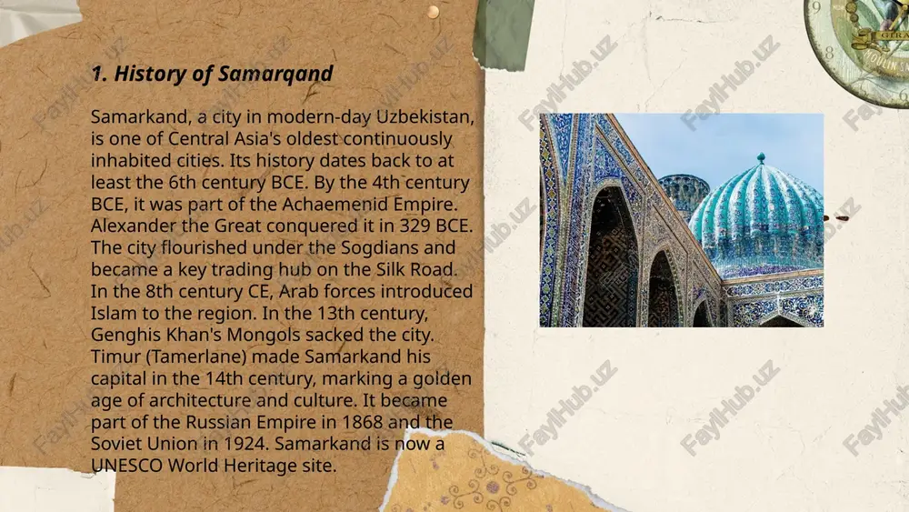 the city’s historical significance. ... t.me/slaydai_bot samarqand, a historic city on the silk road, showcases significant islamic art influence, particularly during the timurid period (1370-1507). renowned for its architectural marvels, the city is home to the registan square, which features three madrasas adorned with intricate tilework and calligraphy, characteristic of islamic art. the shah-i-zinda necropolis displays stunning mosaics and faience, highlighting the timurids' aesthetic legacy. the bibi-khanym mosque, built between 1399 and 1404, exemplifies monumental islamic architecture with its grand dome and minarets. ulugh beg's observatory, from the 1420s, reflects the period's scientific and artistic achievements. samarqand's art integrates geometric patterns, arabesques, and inscriptions, deeply rooted in islamic artistic traditions. ... t.me/slaydai_bot 7. the role of samarqand in ancient trade routes samarqand, an ancient city in present-day uzbekistan, was a pivotal hub on the silk road, which connected china with the mediterranean. established around the 7th century bce, it flourished …