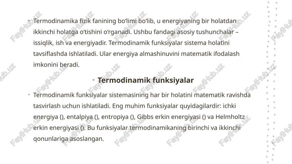 energiyaning qanchalik samarali saqlanishini ko'rsatadi. bu, energiya o'zgarishlarining barqarorligini ta'minlaydi. o'zgarishlar bog'lanishi tizimdagi o'zgarishlar, muvozanat holatlari orqali energiyaga ta'sir ko'rsatadi. o'zgarishlar jarayonida energiya oqimining nazorati muhim ahamiyatga ega. amaliy misollar muvozanat holatlarining amaliy misollari, masalan, kimyoviy reaksiyalar yoki fizikaviy jarayonlar, energiyaning qanday saqlanishi va o'zgarishi haqida ko'plab ma'lumot beradi. ichki energiya ichki energiya sistemaning ichki harakati bilan bog‘liq bo‘lib, zarrachalarning kinetik va potensial energiyalaridan tashkil topadi. uni quyidagi formula orqali ifodalash mumkin: entalpiya entalpiya sistemasining ichki energiyasi va hajmning bosimga ko‘paytmasidan tashkil topadi. bosim ostidagi issiqlik almashinuvini o‘rganishda ishlatiladi. bu yerda bosim, esa hajm. entalpiya jarayonni bosim doimiy bo‘lganda tushuntirish uchun juda muhimdir. entropiya entropiya sistema tartibsizligini yoki noaniqligini ifodalaydi. sistema ichidagi energiyaning qanchalik tasodifiy taqsimlanganligini ko‘rsatadi. entropiya doim ortadi, bu termodinamik jarayonlarning qaytmasligini bildiradi. termodinamik muvozanat: energiya o'zgarishlari va tizim xususiyatlari. 1 termodinamik muvozanat termodinamik muvozanat, energiya saqlanishi va o'zgarishi jarayonida tizimning barqaror holatini ifodalaydi. bu muvozanat, tizimning energetik …