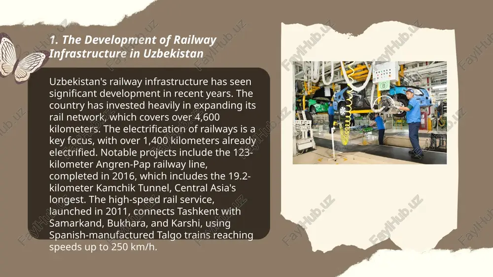 ways, received new aircraft, including the airbus a320neo and boeing 787, to enhance its fleet. additionally, routes to europe, asia, and the middle east increased by over 20%. this development aligns with uzbekistan's strategy to become a regional transit hub, aiming to increase annual passenger numbers significantly. ... t.me/slaydai_bot digitalization has significantly impacted uzbekistan's transportation sector. by 2020, digital platforms were introduced to enhance logistics and transit operations. automated systems in public transportation improved efficiency by approximately 20%. the country's digital infrastructure investments reached $2 billion, aiming to integrate smart traffic management systems. tashkent's public transit saw a 15% increase in user engagement through real-time tracking apps. e-ticketing solutions have streamlined operations, reducing manual errors by 30%. logistics firms utilizing digital tools experienced a 25% boost in delivery precision and timing. uzbekistan targets a 40% reduction in urban congestion through intelligent transport systems by 2025, aligning with their digital transformation …
