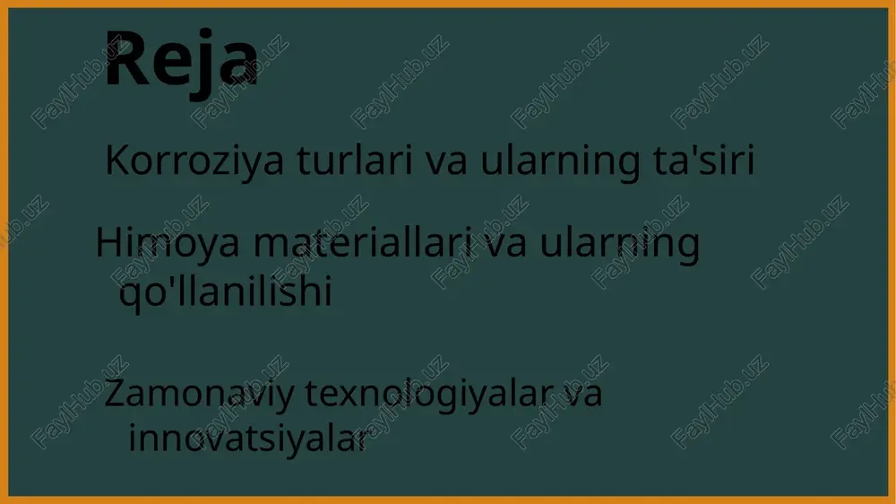 ektrolitik jarayonlar orqali metallning korroziyaga uchrashi. buni oldini olish uchun passivatsiya va galvanizatsiya usullari qo'llaniladi. korroziyaga qarshi himoya usullari korroziyadan himoyalanishning bir necha usullari mavjud bo'lib, ular mexanik, kimyoviy va elektrokimyoviy usullarni o'z ichiga oladi. mexanik himoya usullari qoplamalar va bo'yash, materialni korroziyaning salbiy ta'siridan saqlashga xizmat qiladi. kimyoviy himoya usullari esa inhibitorlar yordamida amalga oshiriladi. masalan, fosfatlar yoki korroziya inhibitori sifatida ishlatiladigan boshqa kimyoviy moddalar bu usullar orqali korroziya jarayonini sekinlashtiradi yoki to'xtatadi. elektrokimyoviy himoya usullari galvanizatsiya va anodik himoya orqali materialning korroziyaga qarshi barqarorligini oshiradi. anodik himoya usuli, asosan, metallarga qo'llaniladi va ularning korroziyasini kamaytiradi. elektrokimyoviy himoya usullari galvanizatsiya va anodik himoya orqali materialning korroziyaga qarshi barqarorligini oshiradi. anodik himoya usuli, asosan, metallarga qo'llaniladi va ularning korroziyasini kamaytiradi. bu usullar zamonaviy korroziya himoyasida muhim ahamiyatga ega bo'lib, materiallarning uzoq muddatli foydalanishini ta'minlaydi. korroziya jarayonini nazorat qilish, muhim muammolarni aniqlash va davolash uchun zarur. vizual va o'lchov tahlillari yordamida …