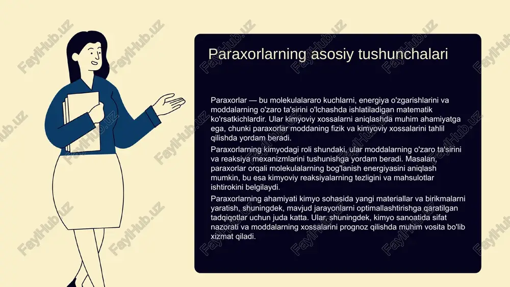 hisoblash jarayonida muhim qadamlar: 1. molekulaning geometriyasini aniqlash; 2. hisoblash usulini tanlash; 3. energiya hisoblash va natijalarni tahlil qilish. misollar orqali hisoblash metodlarining qo'llanilishi, masalan, molekulyar dinamikada ko'rishimiz mumkin. paraxor hisoblashda qo'llaniladigan formulalar paraxor hisoblashda ishlatiladigan asosiy formulalar: molyar massa va paraxor koeffitsienti. molyar massa formulasi m = σmi, bu yerda m - molyar massa, mi - atomning massasi. paraxor koeffitsienti p = (m × r × t) / v formulasi bilan hisoblanadi, bu yerda r - gaz konstantasi, t - temperatura va v - hajm. misol sifatida, agar molyar massa 18 g/mol bo'lsa va temperatura 298 k, hajm esa 22.4 l bo'lsa, paraxor koeffitsienti quyidagicha hisoblanadi: p = (18 × 0.0821 × 298) / 22.4 = 0.73. photo by teddy o on unsplash paraxorlar uchun misollar orqali tushuntirish paraxorlar bilan bog'liq misollarni taqdim etish: 1. birinchi misol: h2o molekulasining paraxorini hisoblash. suvning paraxori 18.015 g/mol ga teng. 2. ikkinchi …