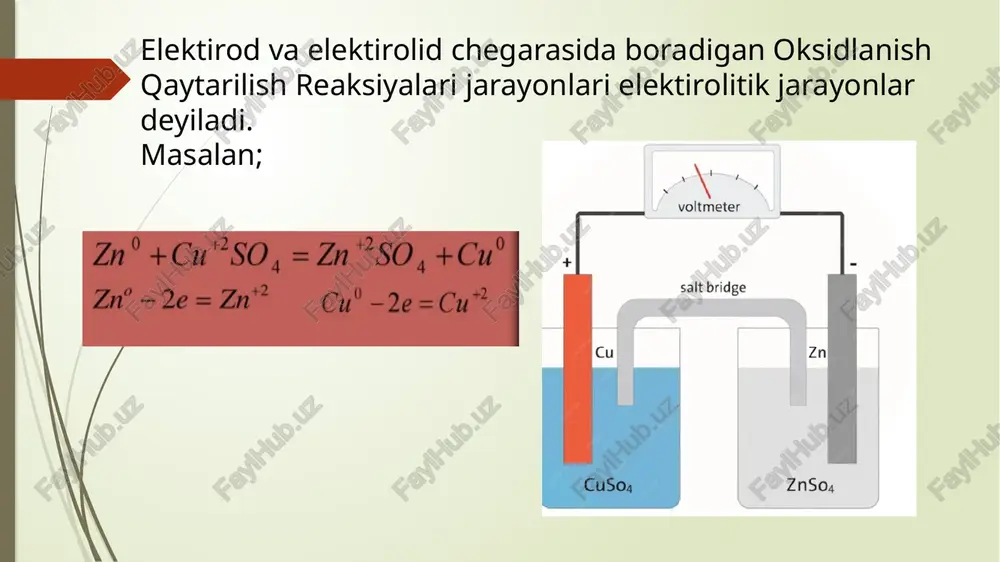 anik jarayonlar – kimyoviy reaksiyalar natijasida elektr toki hosil bo‘lishi. elektrokimyoviy jarayonlarning elektroliz, galvanik elementlar, korroziya, elektroplatlama va elektrodializ asosiy turlari bilan tanishib chiqamiz. 1. elektroliz – elektrolit eritmalar yoki eritmalar orqali o‘tuvchi elektr toki ta’sirida kimyoviy moddalarni ajratish jarayoni. misol: suvni elektroliz qilish orqali vodorod va kislorod olish. 2. galvanik elementlar (batareyalar) – kimyoviy energiyani elektr energiyasiga aylantiruvchi tizimlar. misol: oddiy daniell elementi: zn va cu elektrodlar ishtirokida elektr energiyasi hosil bo‘ladi. elektrokimyoviy korroziya — bu metallarning elektrokimyoviy jarayonlar natijasida yemirilishi. bu jarayon odatda metall sirtida elektrolit (masalan, suv yoki tuz eritmasi) ishtirokida amalga oshadi. elektrokimyoviy korroziyada metallning turli qismlari orasida elektr potensial farqi yuzaga keladi va galvanik juftlik hosil bo‘ladi, natijada metalldan ionlar ajralib chiqadi va u yemiriladi. elektrokimyoviy korroziya shartlari: 1. metall yuzasida elektrolit mavjudligi: suv, kislota, tuz eritmasi kabi moddalarning bo‘lishi. 2. potensiallar farqi: metallning turli qismlari (masalan, aralash qotishmalarda yoki payvandlangan joylarda) turli elektrokimyoviy faollikka …