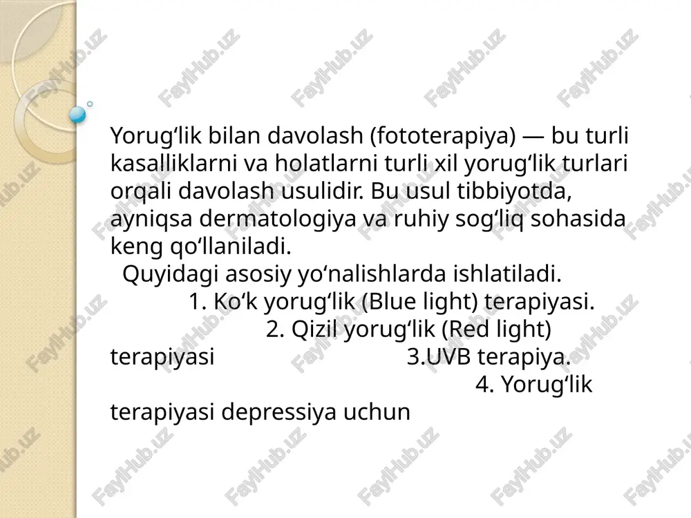 eng ko'p miqdori hosil bo'ladi. maksimal pigmentatsiya hosil qiluvchi xususiyat uzunto'lqinli ultrabinafsha nurlarining 340-360 nm. to'lqin uzunligiga to'g'ri keladi. melanogenezning tezlashishi aktg va msg sintezining kompensator faollashishiga olib keladi, ular buyrak ustining sekretor faoliyatini boshqaradilar. lazeroterapiya hozirgi vaqtda tibbiyot amaliyotida lazer nurlari keng qo'llanil- moqda, shuningdek fizioterapiyada. ular yuqorida ko'rib chiqilgan nurlardan quyidagilar bilan farqlanadi : -monoxromatikligi bilan, ya'ni optik spektorda 1 to'lqin uzunligi bo'lgan diapozonda bo'ladi; -kogerentligi bilan, ya'ni nurlanish elektromagnit tebranish chastota- lari bilan mos tushadi va bir-birining ta'sirini kuchaytiradi; -nurlar parallel holatda tarqaladi, shuning hisobiga boshqa nurlarga qaraganda yorug'likni juda kam miqdorda yo'qotadi; -kichik bo'lgan sohada katta quvvatli, yuqori bo'lgan energiya hosil qiladi (jarrohlikda optik skalpel ravishda qo'llaniladi); -nurlanish juda yaxshi fotosirovka qilinadi, ya'ni ta'sir etish soha- siga aniq boradi. lazer nurlari to'qimalarni termik jarohatlash, ya'ni kuyishga o'xshash va mexanik effekt hosil qilib ta'sir ko'rsatadi.bu to'qimalardagi bosim- ning oshishiga sabab bo'lib, “to'lqin zarbasi”ni hosil qiladi. natijada endotoksinlar …