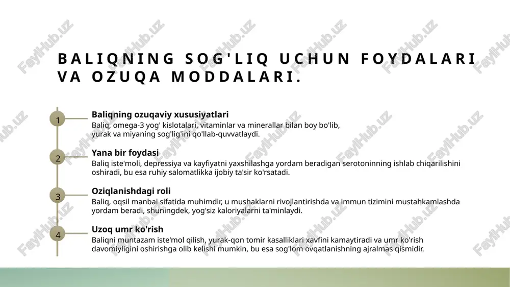 i. o'zbek oshxonasida baliq taomlarining tarixiy rivoji. 1 o'zbek baliq taomlari o'zbek oshxonasida baliq taomlari ko'plab an'anaviy retseptlar bilan boyitilgan. ular asosan, suv havzalaridan olingan baliqlardan tayyorlanadi. 2 baliq ovlash an'analari o'zbeklar tarixan baliq ovlashda o'ziga xos usullarni qo'llagan. bu an'analar, baliqning turli navlarini, xususan, keta va som baliqlarini ovlashni o'z ichiga oladi. 3 taomlar va bayramlar baliq taomlari o'zbek bayramlarida muhim o'rin tutadi. masalan, navro'zda baliqdan tayyorlangan taomlar oilaviy dasturxonga tortiladi, bu esa madaniy ahamiyatga ega. baliq taomlarining tayyorlanishi: an'anaviy usullar va zamonaviy me'yorlar. 1 an'anaviy usullar o'zbek oshxonasida baliq taomlari ko'pincha an'anaviy usullar bilan tayyorlanadi, masalan, qovurish, pishirish va bug'lash. bu usullar sog'lom ovqatlanishga xizmat qiladi. 2 zamonaviy texnologiyalar zamonaviy tayyorlash texnologiyalari, masalan, sous vide va mikroto'lqinli pechlar, baliq taomlarini tez va samarali tayyorlash imkonini beradi, bu esa vaqtni tejaydi. 3 ta'm va xilma-xillik baliq taomlari turli xil ta'mlar va kombinatsiyalar bilan boyitilgan. o'zbek oshxonasida baliqning ko'plab retseptlari …