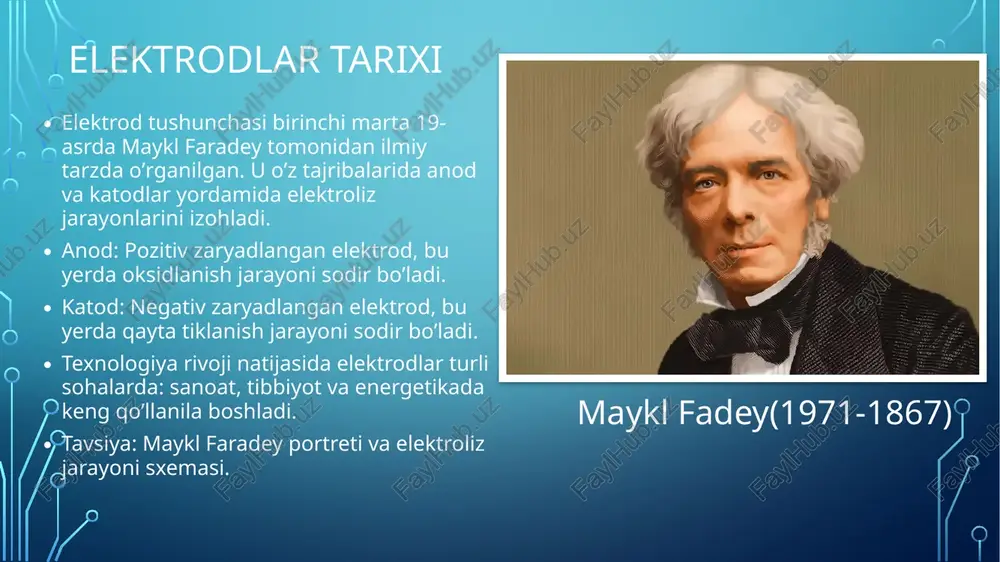 aning qoldiqlari shlak qatlamini hosil qilib, chokni tashqi zararli ta’sirlardan himoya qiladi. kimyoviy reaksiya: rutil qoplama (tio₂): tio₂ + c → ti + co₂ kaltsiy karbonat (caco₃): caco₃ → cao + co₂ elektr yoyi diagrammasi 2-tur elektrodlarning qo‘llanilishi qoplamali elektrodlar quyidagi sohalarda keng qo‘llaniladi: payvandlash: metall qismlarni biriktirish. metallurgiya: yuqori haroratli pechlarda maxsus qotishmalarni hosil qilish. kimyo sanoati: elektroliz uchun elektrod sifatida ishlatiladi. misol: ko‘prik va bino qurilishlarida yuqori mustahkam payvand choklarini yaratish. nikel asosidagi qotishmalar tayyorlash uchun. 2-tur elektrodlarning afzalliklari va kamchiliklari afzalliklari: korroziyaga chidamliligi yuqori. elektr yoyi barqarorligini ta'minlaydi. himoya gazlari tufayli metall yuzasi oksidlanmaydi. kamchiliklari: ishlab chiqarish texnologiyasi murakkab va narxi yuqori. qoplama qoldiqlari tozalashni talab qiladi. 1- va 2-tur elektrodlarning taqqoslanishi (1-qism) xususiyat 1-tur elektrodlar 2-tur elektrodlar tuzilishi oddiy metall metall va qoplama narxi arzon qimmat qo‘llanilish sohasi elektroliz payvandlash 1- va 2-tur elektrodlarning taqqoslanishi (2-qism) xususiyat 1-tur elektrodlar 2-tur elektrodlar kimyoviy barqarorlik past yuqori ishlash …