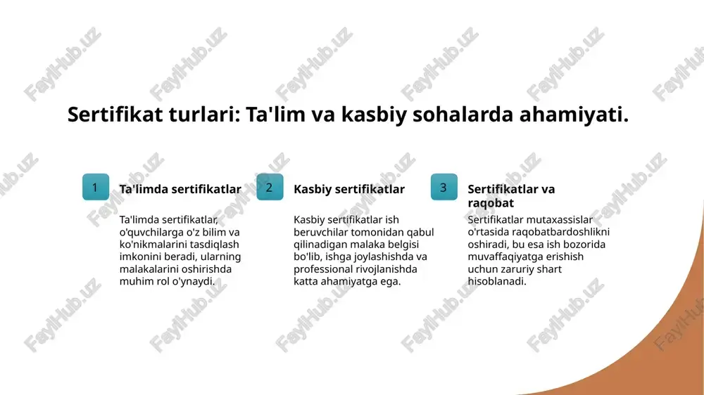 himdir. 4 malaka oshirish imkoniyatlari - sertifikatlar kadrlarning malakasini oshirish imkoniyatini yaratadi, bu esa professional rivojlanishni ta'minlaydi va ish bozori talablariga javob beradi. ta'lim tizimidagi sertifikatlar va ularning afzalliklari. 1 ta'lim tizimidagi sertifikatlar ta'lim tizimidagi sertifikatlar, talabalarning bilim va ko'nikmalarini tasdiqlovchi hujjatlardir. bu sertifikatlar, ta'lim jarayonida olingan bilimlarni rasmiy ravishda tan oladi. 2 afzalliklari va foydalari sertifikatlar, talabalar uchun ishga joylashish va yuqori malaka darajasini ko'rsatadi. ular o'z sohalarida raqobatbardoshlikni oshirishga yordam beradi. 3 ta'lim va ish o'rinlari sertifikatlar, ta'lim muassasalari va ish beruvchilar tomonidan qabul qilingan. ular malaka oshirish va kasbiy rivojlanish uchun zaruriy shartlarni ta'minlaydi. professional sertifikatlar: ishga joylashishda ahamiyati. 01 professional sertifikatlar va ularning ahamiyati professional sertifikatlar, ishga joylashishda malaka va ko'nikmalarni tasdiqlovchi hujjatlar sifatida, ish beruvchilar uchun muhim mezon hisoblanadi. 02 ish beruvchilar va sertifikatlar ish beruvchilar professional sertifikatlarni ko'rib chiqishda, mehnat bozori talablariga mos keluvchi malakalarni aniqlashda foydalanadilar, bu esa ishga qabul jarayonini osonlashtiradi. 03 …