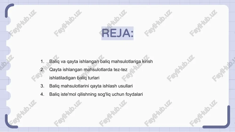 t zanjiri murakkabligi va atrof-muhitga ta'sir. to'g'ri boshqaruv va barqarorlik amaliyoti juda muhimdir. mahsulot sifati va xavfsizligini ta'minlash baliqni qayta ishlash sanoatida yana bir asosiy muammo hisoblanadi. yangilikni, kuzatuvchanlikni saqlash va qoidalarga rioya qilish iste'molchi ishonchi uchun juda muhimdir. global bozor raqobati, o'zgaruvchan narxlar va texnologik taraqqiyot baliqlarni qayta ishlash uchun ham to'siqlarni keltirib chiqaradi. ushbu muammolarni samarali hal qilish uchun innovatsiyalar va strategik rejalashtirish muhim ahamiyatga ega. 1 2 3 baliq sanoatida barqarorlik amaliyotlari baliq sanoati dengiz hayoti uchun sog'lom ekotizimni ta'minlash uchun barqarorlik amaliyotini qo'llaydi. bu ortiqcha baliq ovlashning oldini olish va yo'qolib borayotgan turlarni himoya qilish uchun mas'uliyatli baliq ovlash usullarini o'z ichiga oladi. kompaniyalar, shuningdek, baliq mahsulotlarini qayta ishlash jarayonida chiqindilar va energiya sarfini kamaytirish uchun texnologiyaga sarmoya kiritmoqda. barqaror amaliyotlarni amalga oshirish orqali sanoat yanada ekologik toza kelajakka intilmoqda. iste'molchilar mas'uliyat bilan olinadigan va qayta ishlangan mahsulotlarni tanlash orqali baliq sanoati barqarorligini qo'llab-quvvatlashda hal qiluvchi …