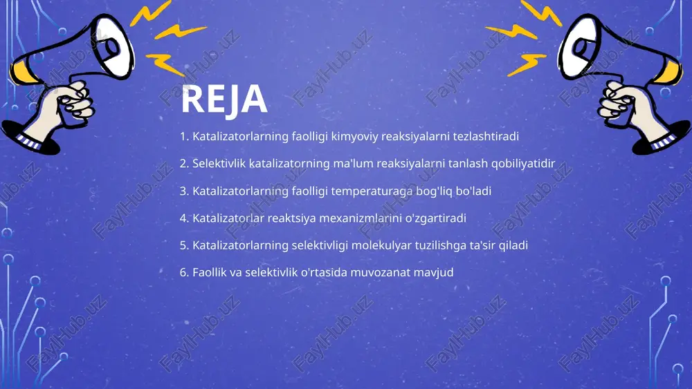 o'llab-quvvatlaydi va yanada samarali yorilishlarni ta'minlaydi 11 katalizatorlarning selektivligi molekulyar tuzilishga ta'sir qiladi katalizatorlar va selektivlik - katalizatorlar kimyoviy jarayonlarni tezlashtiradi va ularning selektivligi molekulyar tuzilishni belgilaydi. bu selektivlik reaktsiya mahsulotlarining xilma-xilligini ta'minlaydi. molekulyar tuzilishning ahamiyati - molekulyar tuzilish katalizatorning faolligini ta'riflaydi. har bir komponent teng ta'sirga ega emas va bu molekulalarning hosil bo'lishini o'zgarishga olib keladi. ta'sir mexanizmlari - katalizatorlar molekulyar bog'lanishlarni o'zgartirib, energetik to'siqlarning pasayishiga yordam beradi. bu jarayon molekulyar tuzilishni qayta qayta ishlab chiqishga olib keladi. praktik ilovalar - katalizatorlarning selektivligi farmatsevtika va sanoat jarayonlarida yangi mahsulotlarning yaratilishiga yordam beradi. bu to'g'ri molekulyar tuzilishni ta'minlash orqali mumkin bo'ladi. 12 faollik va selektivlik o'rtasida muvozanat mavjud faollikning ahamiyati - faollik insonning hayotida muhim rol o'ynaydi. u insonlarni jismoniy va ruhiy jihatdan sog'lom saqlashga yordam beradi. faol bo'lish, har xil faoliyatlarda ishtirok etish, energiyani kuchaytiradi va stressni kamaytiradi. selektivlikning roli - selektivlik, ya'ni tanlov qobiliyati, aqlli qarorlar qabul qilishda …