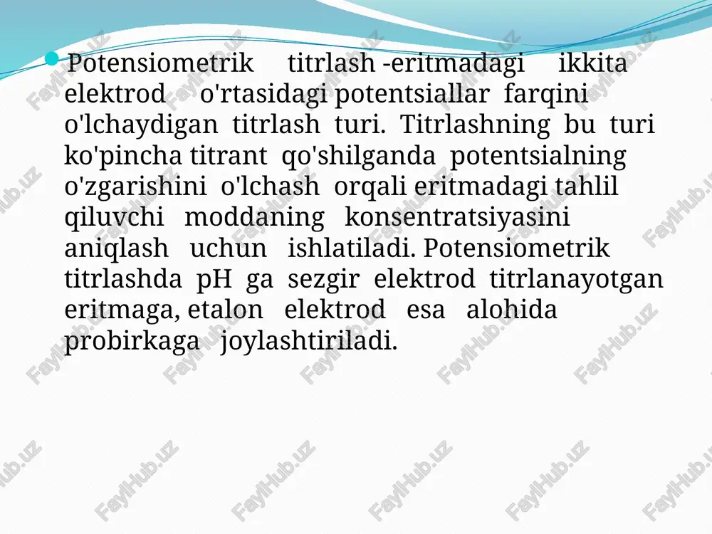 otensiometrik titrlashning bir necha turlari mavjud, jumladan kislota-asos titrlash, cho'kma titrlash, kompleksometrik titrlash va oksidlanish-qaytarilish titrlash. titrlashning har bir turi boshqa turdagi indikator elektrod va boshqa turdagi titrantdan foydalanishni o'z ichiga oladi. kislota-asos titrlash -bu potentsiometrik titrlashning bir turi bo'lib, noma'lum konsentratsiyali eritmaga kislota mollari soni asosning mollari soniga teng bo'lgan eritma ekvivalent nuqtaga etgunga qadar bosqichma-bosqich qo'shilishidan iborat. titrlash jarayonida eritmaning ph qiymatini kuzatish uchun ph indikator elektrodidan foydalaniladi, u kislota yoki asos qo‘shilganda o‘zgaradi. kislota-asos titrlashda ishlatiladigan eng keng tarqalgan ph indikator elektrodi shisha elektroddir. kislota-asos titrlashning so'nggi nuqtasi odatda ma'lum bir ph darajasida rangni o'zgartiradigan indikator yordamida aniqlanadi. kislota-asos titrlashda ishlatiladigan umumiy indikatorlarga fenolftalein, metil apelsin va bromotimol ko'k kiradi. yakuniy nuqtaga erishilgandan so'ng, qo'shilgan titrant hajmi noma'lum eritmaning konsentratsiyasini hisoblash uchun ishlatilishi mumkin. kislota-asos titrlash odatda analitik kimyoda eritmadagi kislotalar yoki asoslarning kontsentratsiyasini aniqlash, shuningdek namunaning kislotalilik yoki asosliligini aniqlash uchun ishlatiladi. cho'kma titrlash -potentsiometrik titrlashning …