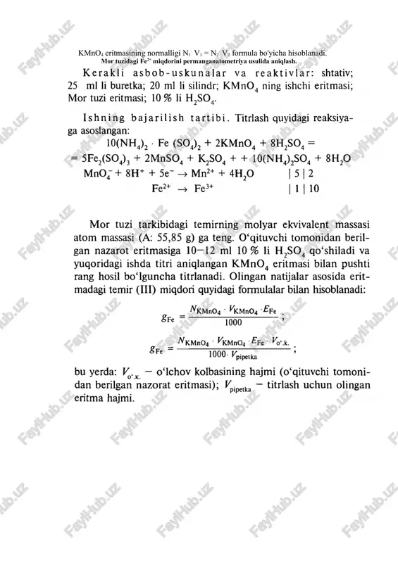 yultiriladi va yaxshilab aralashtiriladi. tortish natijalari: byuks bilan kislotaning massasi, g. byuksning kislota yuqi bilan massasi, g. kolbadagi kislotaning massasi, g. tayyorlangan eritmaning normalligi quyidagi formula orqali hisoblanadi: oksalat kislotaning standart eritmasi bo'yicha kaliy permanganat eritmasini standartlash. standartlash miqdoriy to'liq va stexiometrik boradigan reaksiyaga asoslangan. standartlash tartibi. titrlash kolbasiga 20 ml 2 n sulfat kislota eritmasi solinadi, taxminan shuncha miqdor suv qo'shilib, qaynaguncha qizdiriladi. so'ngra issiq eritmaga pipetka yordamida oksalat kislotaning standart eritmasidan alikvot qism olinadi va kaliy permanganat eritmasi yordamida yo'qolmaydigan pushti rang hosil bo'lguncha titrlanadi. titrlash kamida uch marta takrorlanadi. kmno4 eritmasining normalligi n1. v1 = n2. v2 formula bo'yicha hisoblanadi. mor tuzidagi fe2+ miqdorini permanganatometriya usulida aniqlash. image5.png image6.png image7.png oleobject1.bin image1.wmf oleobject2.bin image2.wmf image3.png image4.png 5h,c,0,> 2mno,-= 6h" - 1000+ 2mn* + 8h,o kerakli asbob-uskunalar va reaktivlar: shtativ; 25 mi li buretka; 20 ml li silindr; kmno, ning ishchi eritmasi; mor tuzi eritmasi; 10 % li …