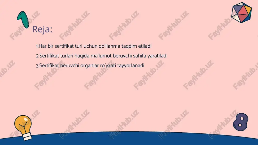 yalarni global bozor uchun tayyorlaydi. • sertifikatlash jarayoni - sertifikatlash jarayoni mustaqil tashkilotlar tomonidan amalga oshiriladi. bunda muvofiqlik ko'rsatiladigan asosiy mezonlar aniqlanadi. • kompaniyalarga foyda - sertifikatga ega bo'lish kompaniyalar uchun raqobatdosh ustunlik yaratadi. bu ularni yangi bozorlarda muvaffaqiyatli faoliyat yuritishga yordam beradi. sertifikatlar bilan bog'liq muammolar va yechimlar ko'rsatiladi • sertifikatlarni tasdiqlash - sertifikatlarni tasdiqlash jarayonida tez-tez xatolar sodir bo'ladi va ularning asl ekanligini aniqlash qiyinlashadi • sertifikatlarni yangilash - ko'pgina sertifikatlar muddatli va undirib turilishi kerak bo'lib, tezlatuvchi vaqti kutiladi sertifikat olish uchun talablar va hujjatlar ro'yxati beriladi • sertifikat turi - sertifikatning turi va maqsadi turli talablar va hujjatlarni qo'yadi shuning uchun ma'lum bir sertifikat uchun muayyan talablar mavjud. • ilova qilinadigan hujjatlar - sertifikat olish uchun ariza, shaxsni tasdiqlovchi hujjat va tegishli ta'lim to'g'risidagi hujjatlar ilova qilinishi kerak. • to'lovlar - sertifikat olish jarayonida to'lov qilish talab qilinadi bu to'lovlar turli sertifikat turlariga qarab farq qiladi. …