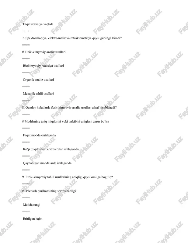 haydi ++++ 20. fizik-kimyoviy analiz turlari nechta asosiy guruhga bo‘linadi? ==== # optik, elektrokimyoviy, radiatsion, issiqlik usullari ==== faqat spektroskopik ==== faqat elektroximik ==== faqat analitik ++++ 21. emissiyon spektral analiz qanday hodisaga asoslanadi? ==== # qo‘zg‘atilgan atomlarning elektromagnit nurlanish chiqarishiga ==== moddaning suyuqlikka o‘tishiga ==== elektronlarning ionlarga aylanishiga ==== nur yutilishiga ++++ 22. emissiyon spektral analizda qanday manba yordamida atomlar qo‘zg‘atiladi? ==== # harorat (olov, elektr yoy, plazma) ==== ultrasonik to‘lqinlar ==== rangsizlanish reaksiya ==== rux oksidi ++++ 23. spektral chiziqlar nimalarni aks ettiradi? ==== # elementlarga xos energiya o‘zgarishlarini ==== modda hajmini ==== eritmaning haroratini ==== gazlar zichligini ++++ 24. emissiya spektrida chiziqlarning soni va holati nimalarga bog‘liq? ==== # atomning elektron konfiguratsiyasiga ==== moddaning fizik holatiga ==== eritmaning quyuqligiga ==== eritilgan moddaning rangiga ++++ 25. emissiyon spektral analiz yordamida nima aniqlanadi? ==== # kimyoviy elementlarning tarkibi va miqdori ==== suvning ph darajasi ==== eritmaning viskozligi ==== gaz …