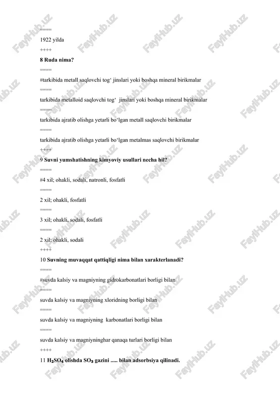 gazlari tarkibi qanday ? ==== #60 % n2, co2 va 27-30 % co, h2, ch4 ==== n2, 30-35 % co2 , co, h2 , ch4 ==== 78 % n2, co2, co, h2 , ch4 ==== n2, co2, 20-15 % co, h2 , ch4 ++++ 21 neft krekingi qanday usullarda amalga oshiriladi ? ==== #kokslash, piroliz, termik kreking ==== haydash ==== rektivikatsiya ==== reforming ++++ 22 neftni termik haydab olingan benzin bilan kreking benzinning tarkibi qanday farq qiladi? ==== #kreking benzinda aromatik uglevodorodlar ko‘p bo‘ladi ==== kreking benzinda tarmoqlangan uglevodorodlar ko‘p bo‘ladi ==== kreking benzinda to‘yinmagan uglevodorodlar asosan ochiq zanjirli uglevodorodlar ==== kreking benzinning oktan soni kichik bo‘ladi ++++ 23 neft krekingi gazlari tarkibida qaysi uglevodorodlar bo‘ladi? ==== #etilen, etan, propilen, propan, butilen va butan ==== etilen, propilen, butilen, izobutilen ==== benzol, toluol, etan, etilen, geksan, geksadiyen ==== kondensirlangan uglevodorodlar ++++ 24 neft mahsulotlarini katalitik krekinglash nima? ==== #katalizator ishtirokida termik …