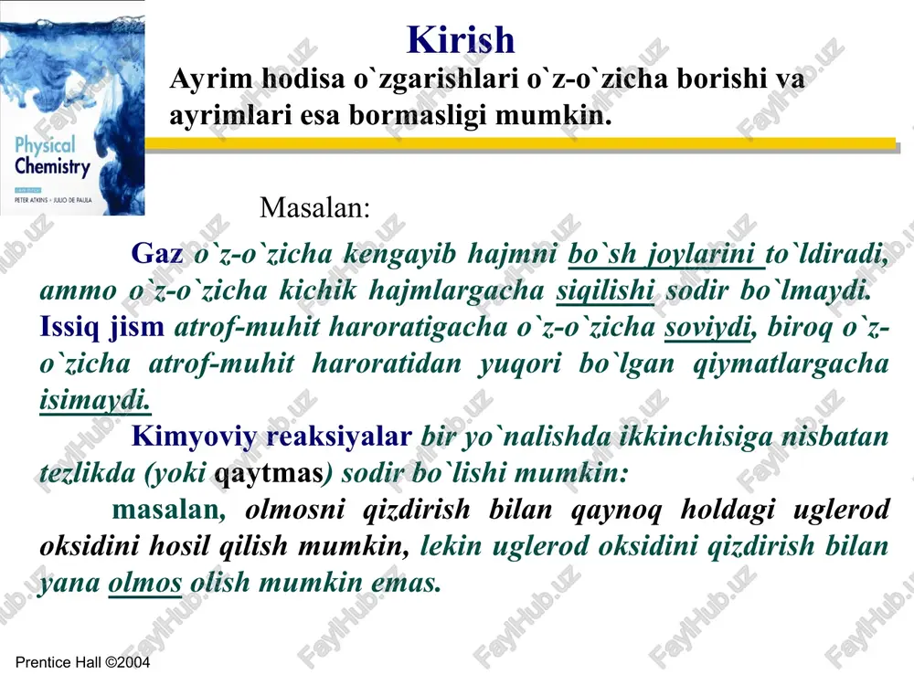 past potentsial tomon o‘tishi, idishlarga solingan suyuqlikning sirti tenglashadi va hokazo. bu xildagi jarayonlar ma'lum tezlik bilan muvozanat tomon harakat qiladi. !!! ular «o‘z-o‘zicha» boradigan yoki musbat jarayonlar deyiladi. bunday jarayonlar izolirlangan yoki izolirlanmagan sistemalarda borishi mumkin. bu xil jarayonlarda sistema ichki energiyasi kamayishi hisobiga, ya'ni energiya ajralishi hisobiga ish bajaradi; yoki aksincha, tashqi muhitdan olingan ish yoki issiqlik hisobiga ichki energiyasi ortishi bilan borishi mumkin. kimyoviy termodinamikada muvozanat holat, muvozanatsiz holat, qaytar va qaytmas jarayonlar tushunchalari mavjud. prentice hall ©2004 tabiatda mavjud jarayonlar ma'lum tomonga yo‘nalgan bo‘lib, ularni «orqaga» qaytarish uchun energiya sarflash kerak bo`ladi. yuqoridagi jarayonlar teskari yo‘nalishda ham borishi mumkin. bunday jarayonlar ko‘p. masalan, issiqlikni sovuq jismdan issiq jismga o‘tkazib (masalan, muzlatgichlarda; elektr energiyasi yordamida amalga oshiriladi) issiqlikni ishga aylantirish mumkin. bu xildagi jarayonlar energetika sanoatida keng qo‘llaniladi. lekin bu xildagi jarayonlar «o‘z-o‘zicha» bormaydi, ularning borishi uchun sistemaga tashqaridan qo‘shimcha energiya berish, ya'ni energiya sarflash kerak bo‘ladi. …