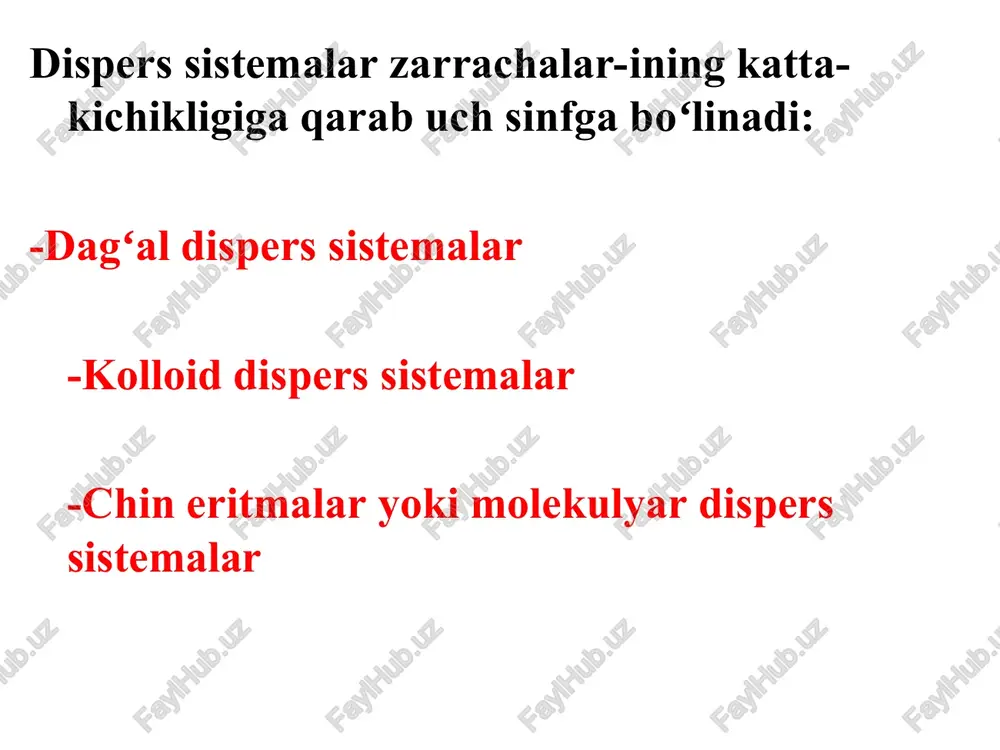 , bunday muhitda moddalar molekula yoki ionlar sifatida bir tekis tarqaladi. eritmalar tarkibining doimiy emasligi ularni mexanik aralashmalarga yaqinlashtiradi, ammo oʻzining bir jinsliligi bilan ulardan farqlanadi. erigan modda bilan muvozanatda boʻlgan eritma toʻyingan hisoblanadi. bular kam tarqalganligi sababli u qadar amaliy ahamiyatga ega emas. amaliyotda toʻyinmagan eritmalar, ya'ni tarkibida erigan modda konsentrasiyasi kamroq boʻlgan eritmalar koʻp ishlatiladi. eritma yoki erituvchining ma'lum hajmida erigan moddaning miqdori eritmaning konsentrasiyasi deyiladi. eritmada erigan modda konsentrasiyasi yuqori boʻlganda konsentrlangan, kam boʻlganda suyultirilgan eritma deb yuritiladi. konsentrasiyani ifodalashning bir necha miqdoriy usullari ma'lum 1. prosent(foizli) konsentrasiya - bu eritmaning 100 g eritmada erigan moddaning grammlar soni bilan belgilanadi. misol: natriy xloridning 10 prosentli eritmasi deyilganda shunday eritma tushuniladiki, uning 100 gramida 10 g naci va 90 g n2o boʻladi. 2. molyar konsentrasiya (molyarlik) - 1l eritmada erigan moddaning mollari soni bilan belgilanadi. molyar konsentrasiyaning matematik ifodasi cm n / v mol/l bilan ifodalanadi. bu erda …