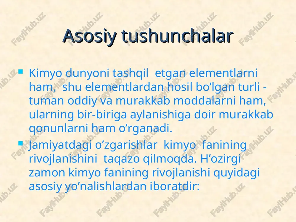 chi yarmidan boshlanadi. bu davr eksperimental kimyo deb atalib, ular kimyoni moddalar tarkibi haqidagi fan ekanligiga asos soldi. sintez o’tkazdi, moddalar tarkibini tekshirish natijasida ularning bir - biriga o’tishini o’rganib qoida, qonun, nazariyalarni vujudga keltirdi, analitik kimyo - sifat fani sifatida vujudga keldi. rivojlanish bosqichlari 3 - bosqich. xviii asrning ikkinchi yarmidan boshlanadi va analitikadan kimyo - undan keyin esa sintetikaga o’tib - " strukturnaya kimyo" ( tuzilish kimyosi ) vujudga keldi, natijada - ranglovchi buyoqlar, dorilar, sun’iy ipak olindi. bu davr kimyoviy strukturaning boshlanishiga asos bo’ldi (1860-1880 yillar) va organik kimyoning rivojlanishining shuhrat qadamlarini ortishiga sabab bo’ldi. rivojlanish bosqichlari 4 - bosqich.xx asr-sanoat va texnikaning jadal rivojlanish davrini o’z ichiga oladi. bu davr - sanoat va qishloq xo’jaligi uchun kerakli bo’lgan aniq tarkibli moddalardan juda ko’p miqdorda olish bilan harakterlanadi. ma’lum xossaga ega bo’lgan plastmassa, sintetik, kauchuk, sun’iy tola, yuvuvchi moddalar, azotli o’g’itlar va boshqalardan ko’plab miqdorda ishlab chiqarila …