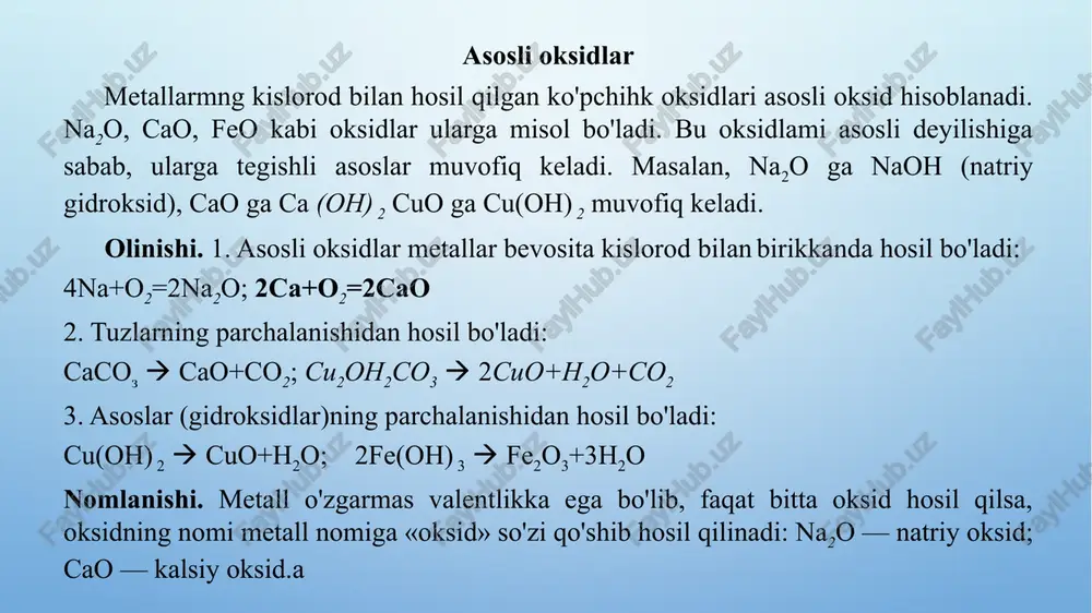 so2 ga h2so3, (sulfit kislota), p2o, ga h3po5 (ortofosfat kislota), so3 ga esa h2so4 (sulfat kislota) muvofiq keladi. ayrim yuqori valentlikka ega bo'lgan metallaming' oksidlari ham kislotali oksidlar xossasiga ega bo'ladi. bunday oksidlarga sg2o3 (xrom (vi)-oksid). mn2o7 (marganes (vii)-oksid)lar misol bo'lib, ularga h2cro4 (xromat) va hmno4 (permanganat) kislotalar muvofiq keladi. olinishi. 1. kislotali oksidlar metallmaslar bevosita kislorod bilan birikkanda (kislorod muhitida yonganda) hosil bo'ladi: nomlanishi. odatda kislotali oksidlami nomlashda metallmasning nomi yozilib, undan keyin qavs ichida uning valentligi yoziladi va oksid so'zi qo'shiladi. masalan, co2 - uglerod (iv)-oksid; so3 - oltingugurt (vi)-oksid n2o3 - azot (iii)-oksid kislotali oksidlar «angidridlar»' ham deyiladi. shunga muvofiq ulami nomlaganda, dastlab shu oksidga qaysi kislota muvofiq kelsa o'sha kislota nomi yozilib, so'ngra «angidrid» so'zi ao'shih avtilndi- kimyoviy xossalari. 7. kislotali oksidlar suv bilan birikib, tegishli kislotalarni hosil qiladi: 3. asosli oksidlar bilan reaksiyaga kirishganda tuz hosil bo’ladi amfoter oksidlar. ayrim elementlarning oksidlari ham asosli, ham …