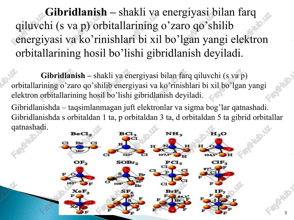 2,hclo3, f2o, ccl4, hclo4 (tuzlari), p4, sio2, pocl3, h3po4, p4o10, kro2f2, mno4-, mno42-, ch3no2, ch4, cf4, sih4, geh4, nsf, so42-, po43-, oso4, cuo4, bh4, ph4+, xeo2, f2o3, (ajratilgan moddalar uchburchakli piramida va burchakli tuzilishga ega) * sp3d-gibridlanish – 2 ta s, 3 ta p va 1 ta d orbitalla o’zaro qo’shilishidan 5 ta sp3d gibrid orbitallar hosil bo’lishi. shakli uchburchakli bipiramida valent burchagi 120 va 90o ga teng * vakillari - pf5, pcl5, sof3, sobr4, socl4, xeo3f2, clf2, xeof2, sf4, clf3, xef2 (ajratilgan moddalar t-shakl tuzilishga ega) * sp3d2-gibridlanish – 1 ta,3 ta p va 2 ta d orbitallar o’zaro qo’shilib yangi 6 ta sp3d2 gibridlangan orbitallar hosil bo’lishi. shakli oktaedr valent burchagi 90o ga teng * vakillari - sf6, scl6, ba2[xeo6], k4[fe(cn)6], k3[fe(cn)6, [cr(nh3)6]cl3, uf6, xeof4, sf3, xef5, xef4, scl4, clf4 (ajratilgan moddalar kvadrat piramida va kvadrat tuzilishga ega), xef6 ptf6, na4[xeo6], na6[xeo6], ba3[xeo6]…oktaedr tuzilishga ega. * misol. ortofosfat …