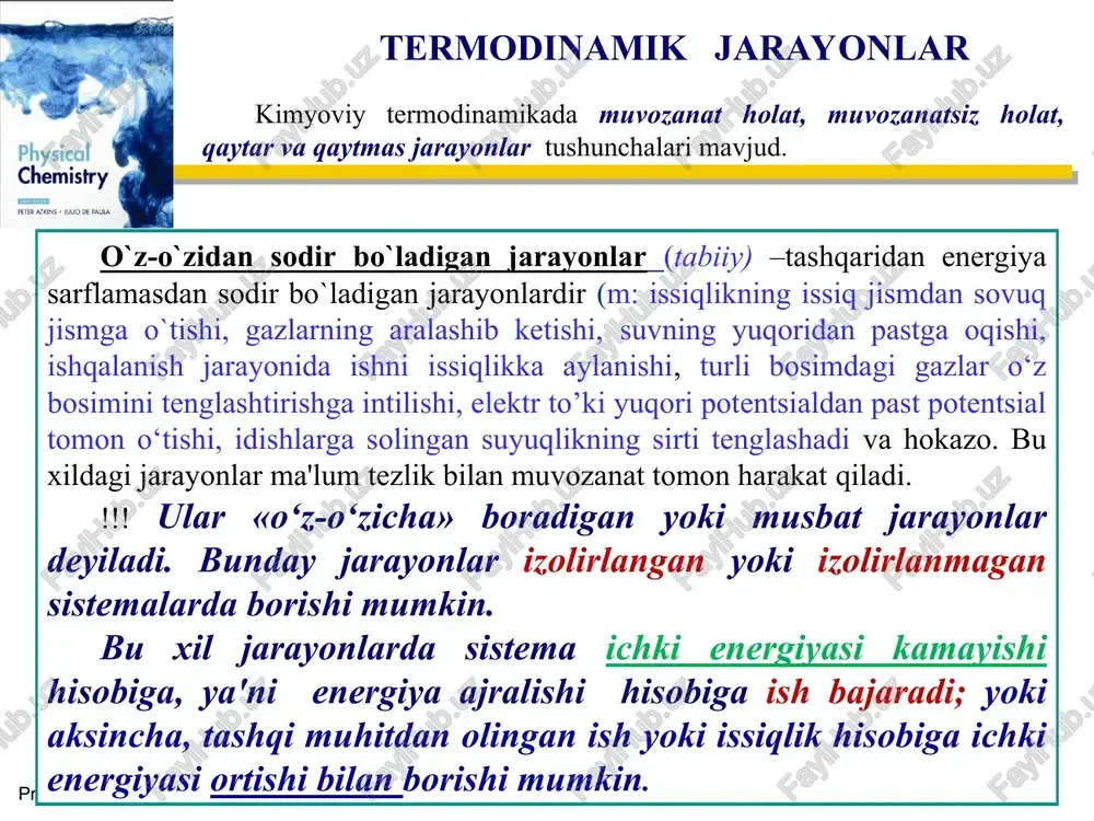 xil natijaga olib keladi. xohlagan postulatdan boshqa postulatlarni mantiqiy keltirib chiqarish mumkin. amaliyotda ko‘p amalga oshiriladigan energetik o‘zgarishlarning bo‘lishi, ya'ni issiqlikning ishga aylanish jarayoni klauzius postulati asosida amalga oshadi. klauzius postulatiga muvofiq - issiqlik issiq jismdan sovuq jismga o‘z-o‘zicha o‘tadi; «o‘z-o‘zicha» so‘zi teskari jarayonning qandaydir sharoitda, o‘z-o‘zicha bo‘lmasa ham sodir bo‘lishi mumkinligi ma'nosini beradi. agar shu so‘z bo‘lmaganda edi, faqat shu jarayon sodir bo‘ladi, teskari jarayon hech qachon sodir bo‘lmaydi, degan ma'no chiqardi. termodinamikaning ii qonuni ikkinchi qonunning asosiy vazifasi jarayonning yo‘nalishi va borish chegarasini oldindan nazariy, ya'ni tajriba o‘tkazmasdan aytib berishdan iboratdir. prentice hall ©2004 issiqlik issiqlik manbaining o‘zida ishga aylanmaydi. buning uchun issiqlikni issiqlik manbaidan olib, ishga aylantiradigan ishchi jism bo‘lishi kerak. masalan, issiqlik gazga (ishchi jism) berilsa, u kengayib ish bajaradi. davomli ish qilish uchun gazni uzluksiz kengaytirish kerak, lekin bu mumkin emas. demak, gaz yana kengayib ish bajarishi uchun, u siqilishi kerak, ya'ni ishchi jism davriy …