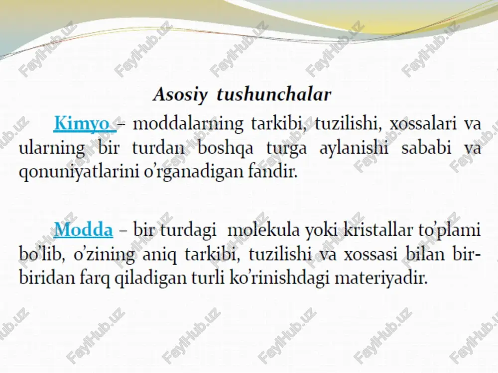 eeriers xp tenglamasini yozamiz xp tenglamasi bo’yicha masalani yechamiz 3. tarkibning —_doimiylik qonuni. bu qonunni xix asrning boshlarida frantsuz olimi i.prust kashf etdi: «har qanday kimyoviy toza birikmaning sifat va miqdoriy tarkibi, bu birikma qaysi yo'l bilan hosil qilinishidan qat'i nazar, hamma vaqt bir xil bo’ ladi». 9-8 - fug h oo, 2h, 2h,0 modda tarkibining doimiylik qonunining zamonaviy talgini quyidagicha: molekulyar strukturali birikmalar tarkibi ularning olinish usullaridan qat’i nazar bir xil bolladi. molekulyar__tuzilishga _ega_ _ bo’ lmagan (atom, ion yoki_metal_kristal__panjarali) birikmalar _tarkibi _doimiy _bo’lmaydi__va ularning olinish usullarga bog’lig boladi. doimiy tarkibga ega moddalar ingliz kimyogari j. dalton nomiga hurmat bilan daltanoidlar deb nomlangan. o’garuvchan tarkibli moddalar frantsuz kimyogari k. bertolle nomiga hurmat bilan bertollidlar deb nomlangan 4. karrali nisbatlar qonuni «agar ikki element bir-biri, bilan birikib, bir necha birikma hosil qilsa, elementlardan birining shu birikmalardagi ikkinchi elementning bir xil og’irlik miqdoriga to’g’ri_ keladigan og’irlik miqdorlari o0’zaro | oddiy va …