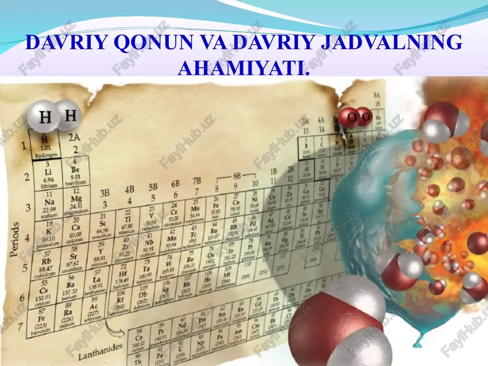 lorga o`tgan sari kuchayadi, lekin xlordan bromga o`tganda susayadi, bromdan yodga o`tishi bilan yana kuchayadi. * * davriy jadvaldagi ba’zi qonuniyatlar. * * asosiy adabiyotlar m.s.silberberg. principles of general chemistry. mcgraw-hill companies, inc, usa, 2013. d.f.shriver and p.w.atkins’. inorganic chemistry. oxford university press. uk, 2010. j.clayden, n. greeves, and s. warren. organik chemistry, 2nd edition. oxford, 2012. g.a.christian. analytical chemistry. university of waschington. usa, 2009. p.c.hiemens, t.p.lodge. polymer chemistry. crc press, usa, 2008. bruce alberts, alexander johnson, julian lewis, martin raff, keith roberts, peter walter. molecular biology of cell. 6th edition. garland science. usa. 2012. a.lehninger. principles of biochemistry. 4-th edition, 2005. qo`shimcha adabiyotlar parpiev n.a., reshetnikova r.v., xodjaev o.f., hamidov x.a., kadirova sh.a. noorganik kimyodan laboratoriya mashg`ulotlari – toshkent: “universitet”, 2005. e’tiboringiz uchun rahmat! ooo iiiiiiiil sear i jorap foanye meiiep aaexcanap ima beryiie 1¢ uanxyptya ikon asercanap peita hprozense own be 1a wo btm a some 1 42 …